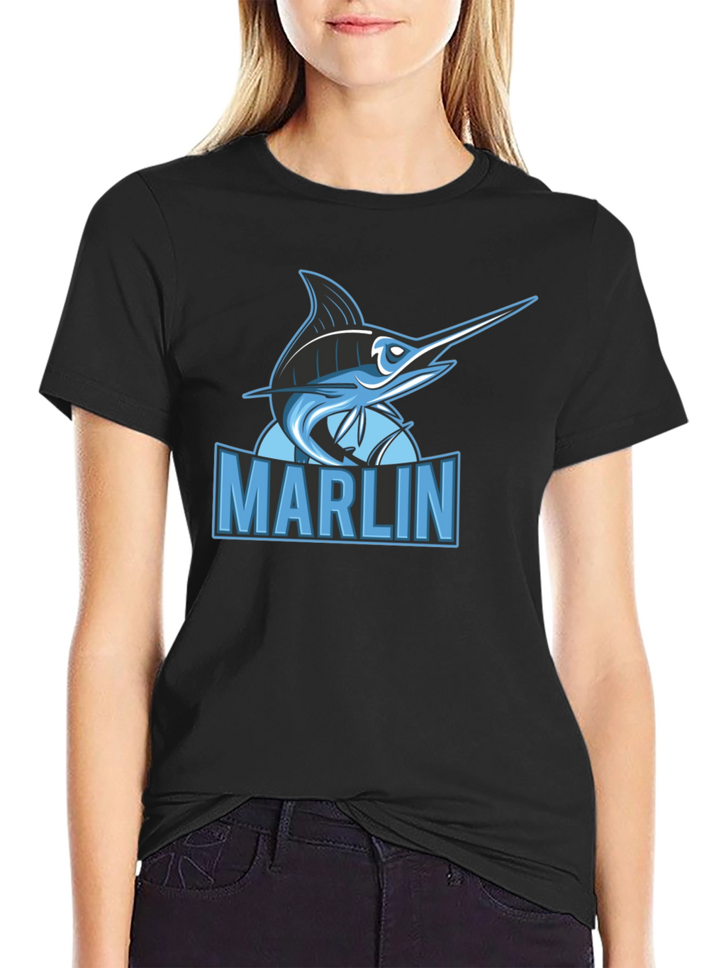 Marlin Fish Graphic Print Black T-Shirt