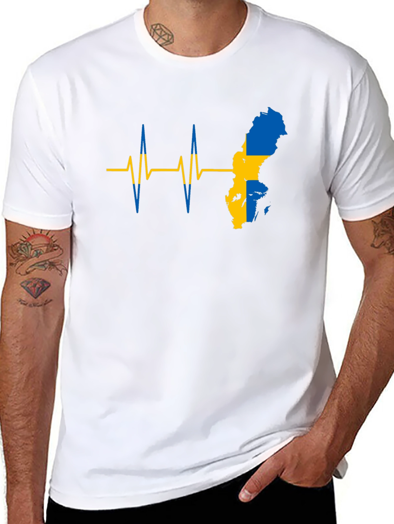 Sweden Flag Heartbeat T-Shirt - Black