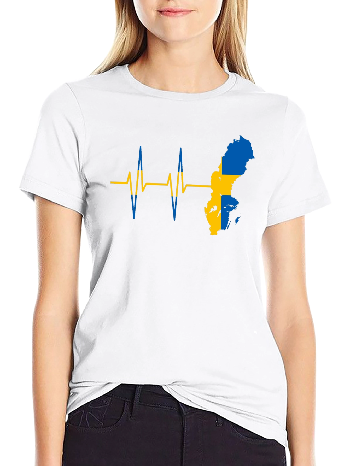 Sweden Flag Heartbeat T-Shirt - Black