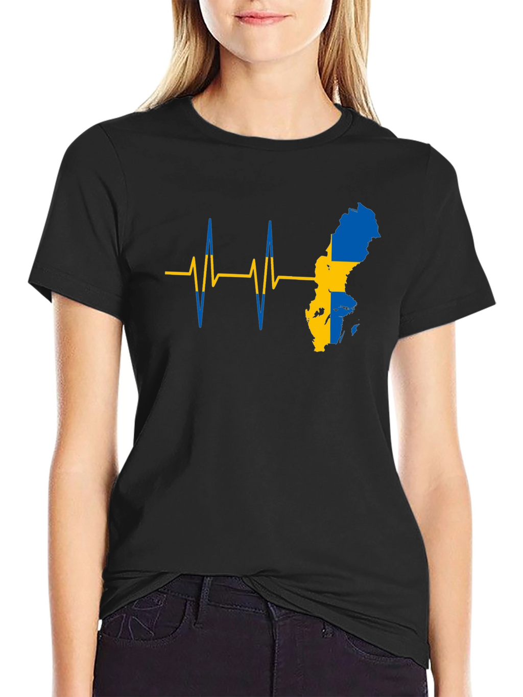 Sweden Flag Heartbeat T-Shirt - Black