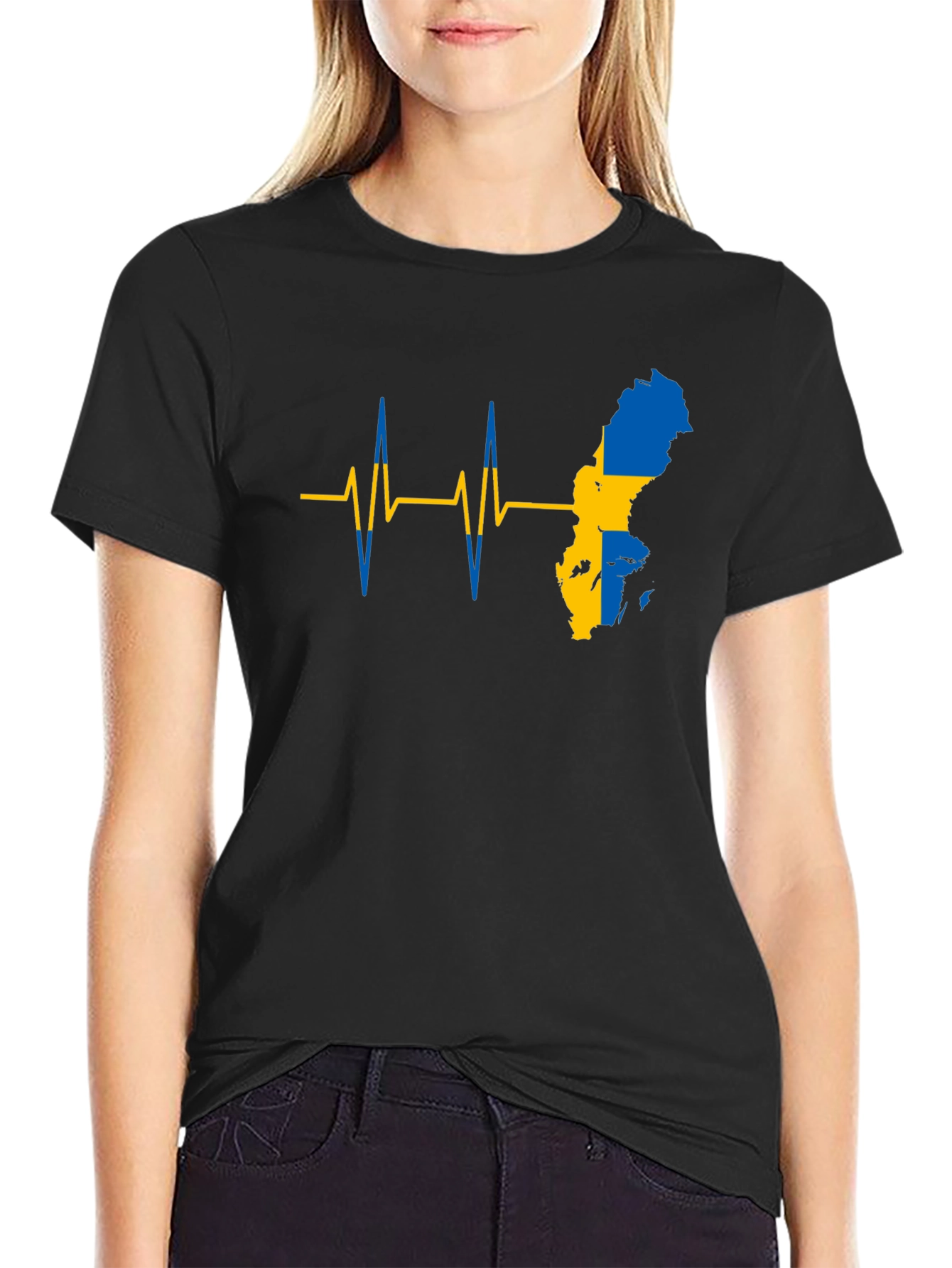 Sweden Flag Heartbeat T-Shirt - Black