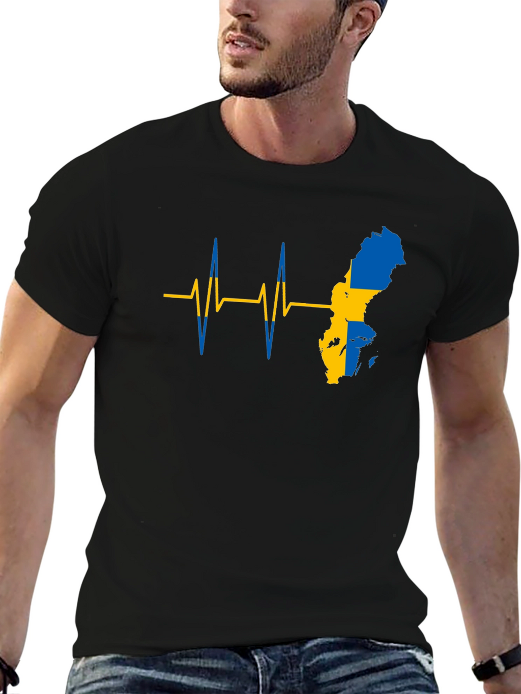 Sweden Flag Heartbeat T-Shirt - Black