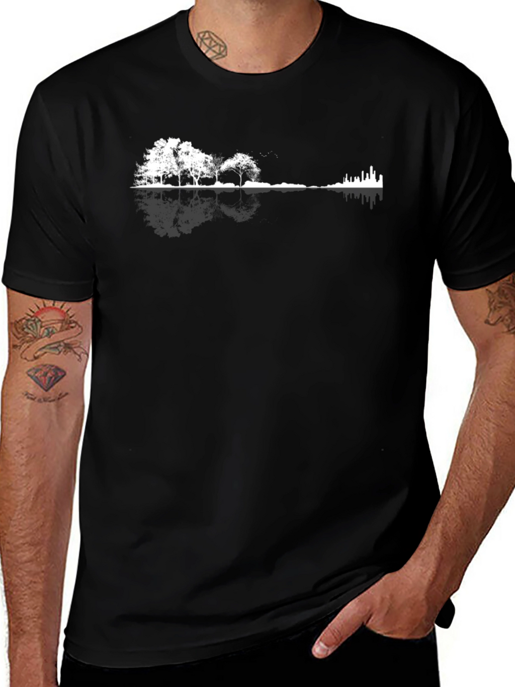 Nature & Cityscape Graphic Tee - Black Cotton Blend