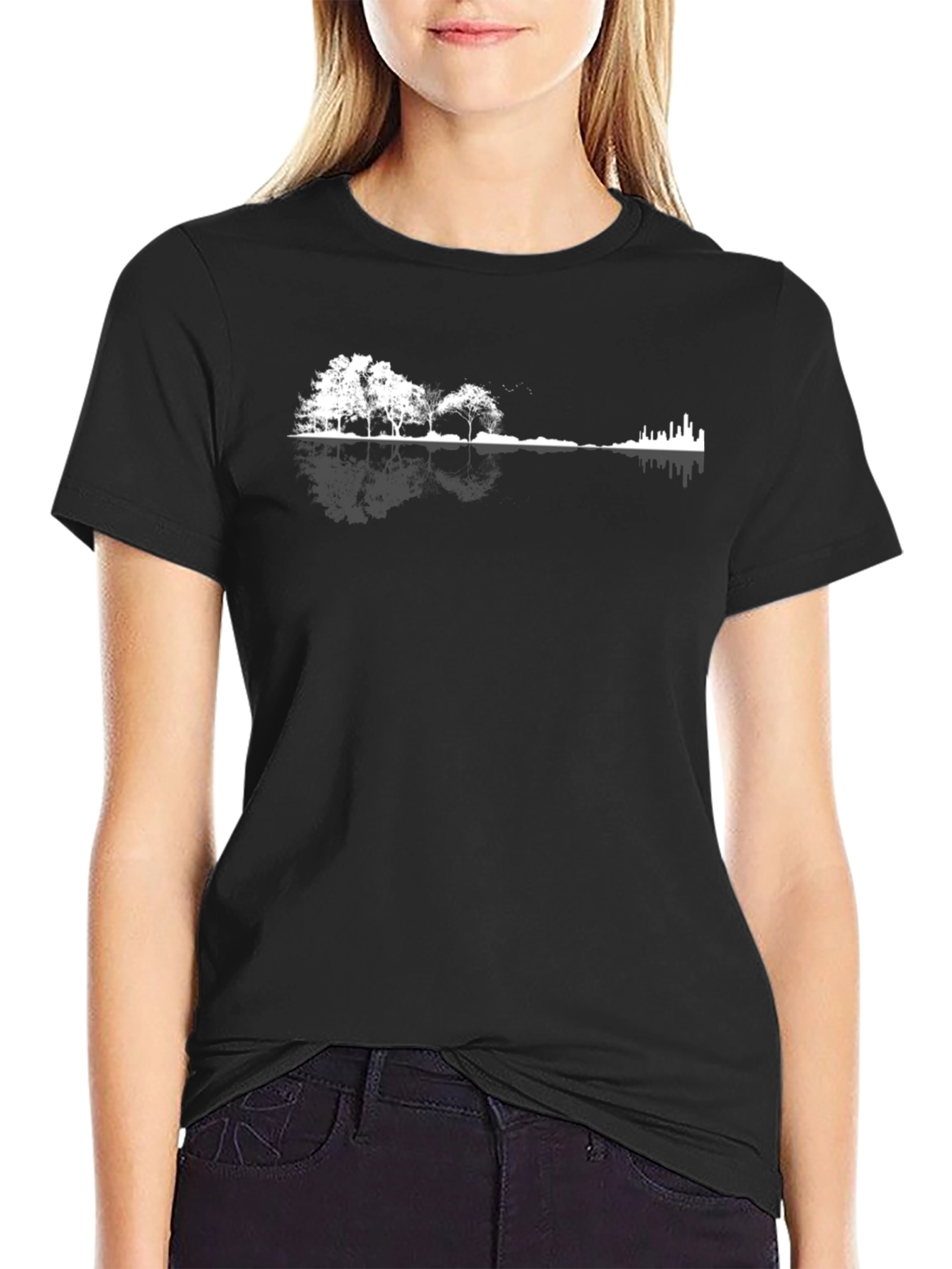 Nature & Cityscape Graphic Tee - Black Cotton Blend