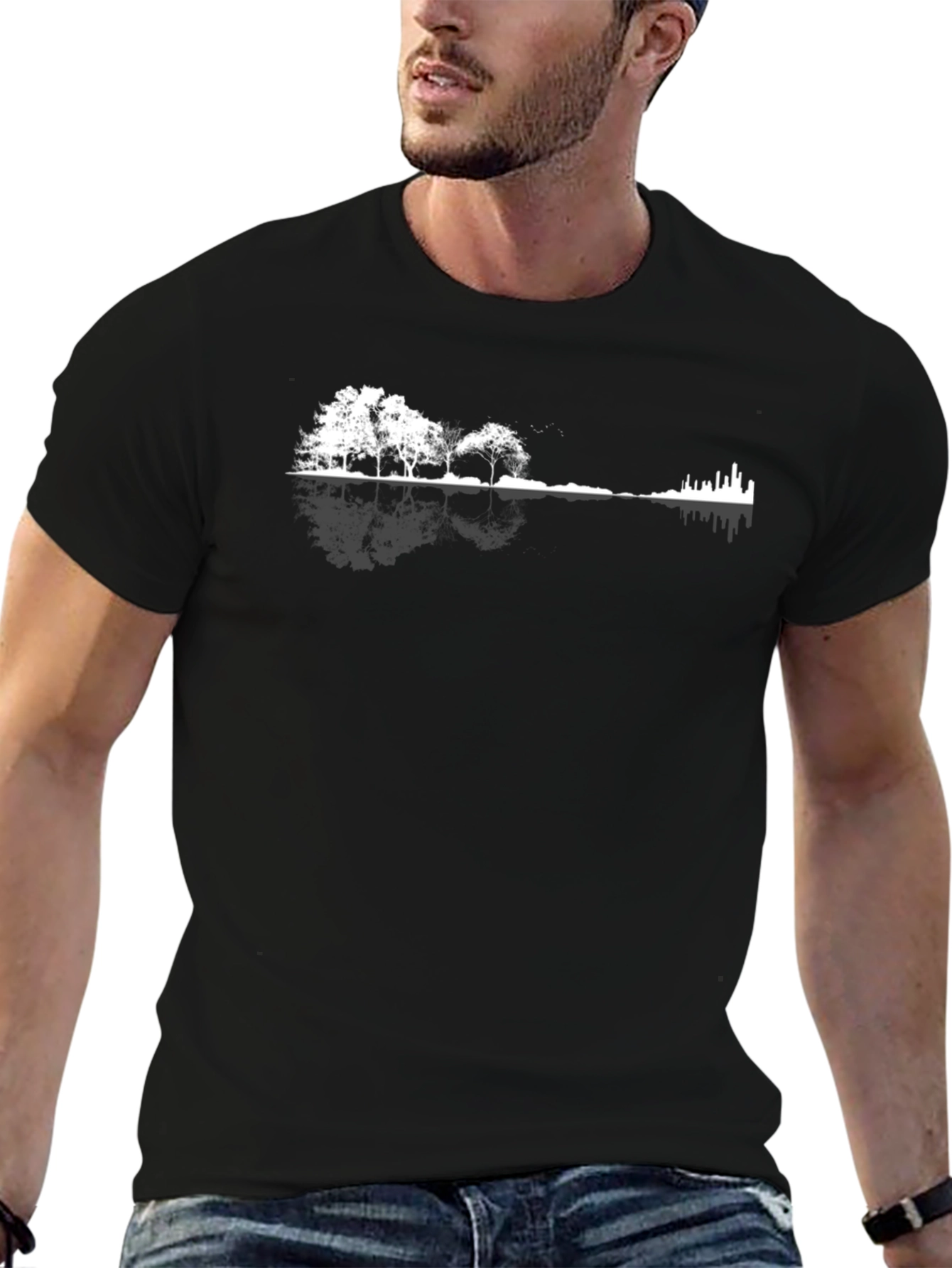 Nature & Cityscape Graphic Tee - Black Cotton Blend