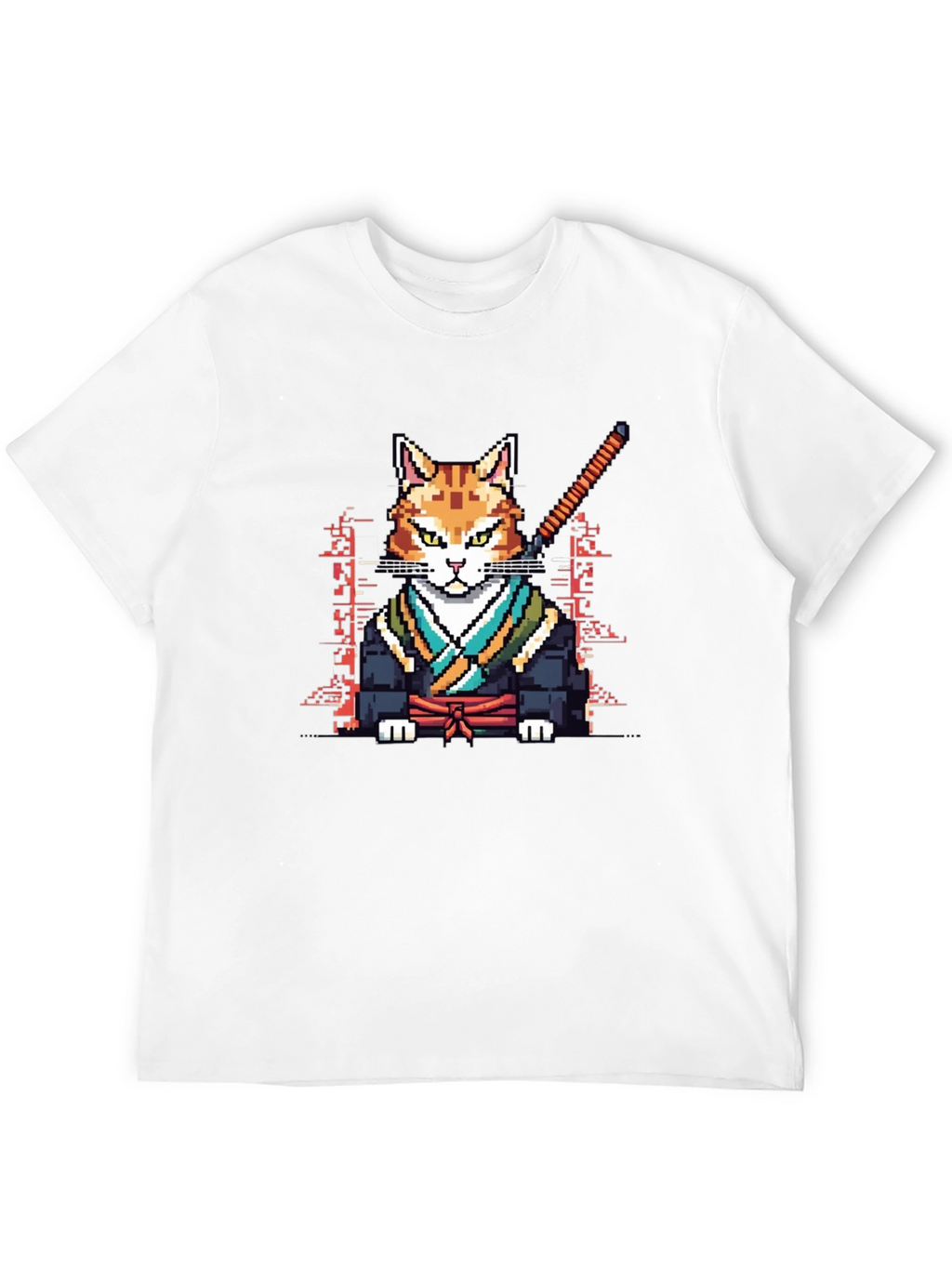 Pixelated Cat Samurai Black T-Shirt