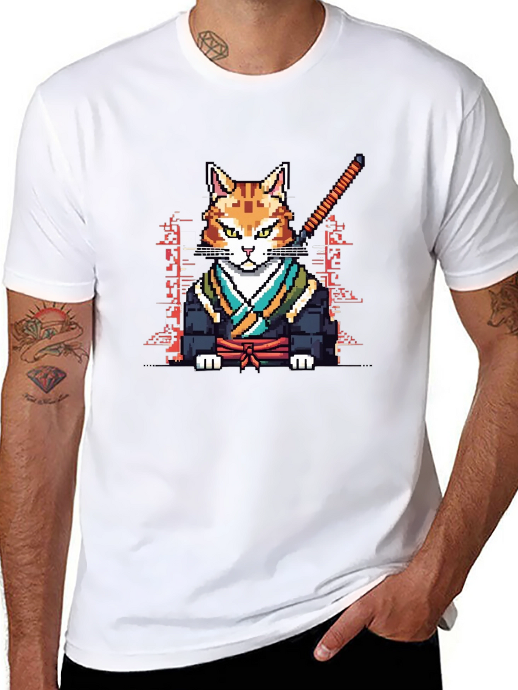 Pixelated Cat Samurai Black T-Shirt