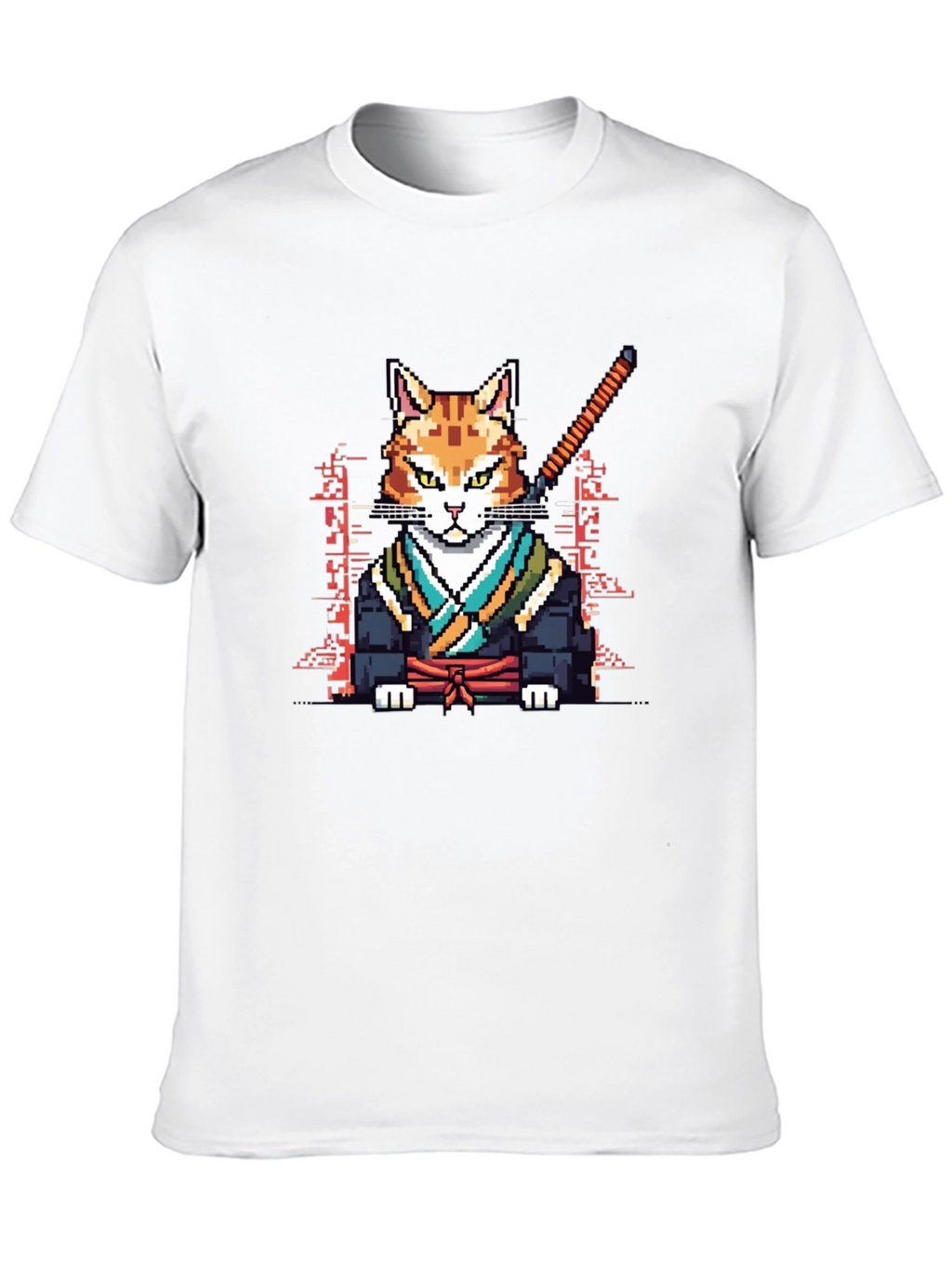 Pixelated Cat Samurai Black T-Shirt