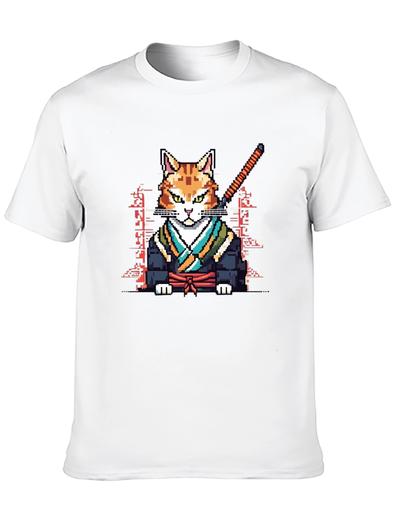 Pixelated Cat Samurai Black T-Shirt