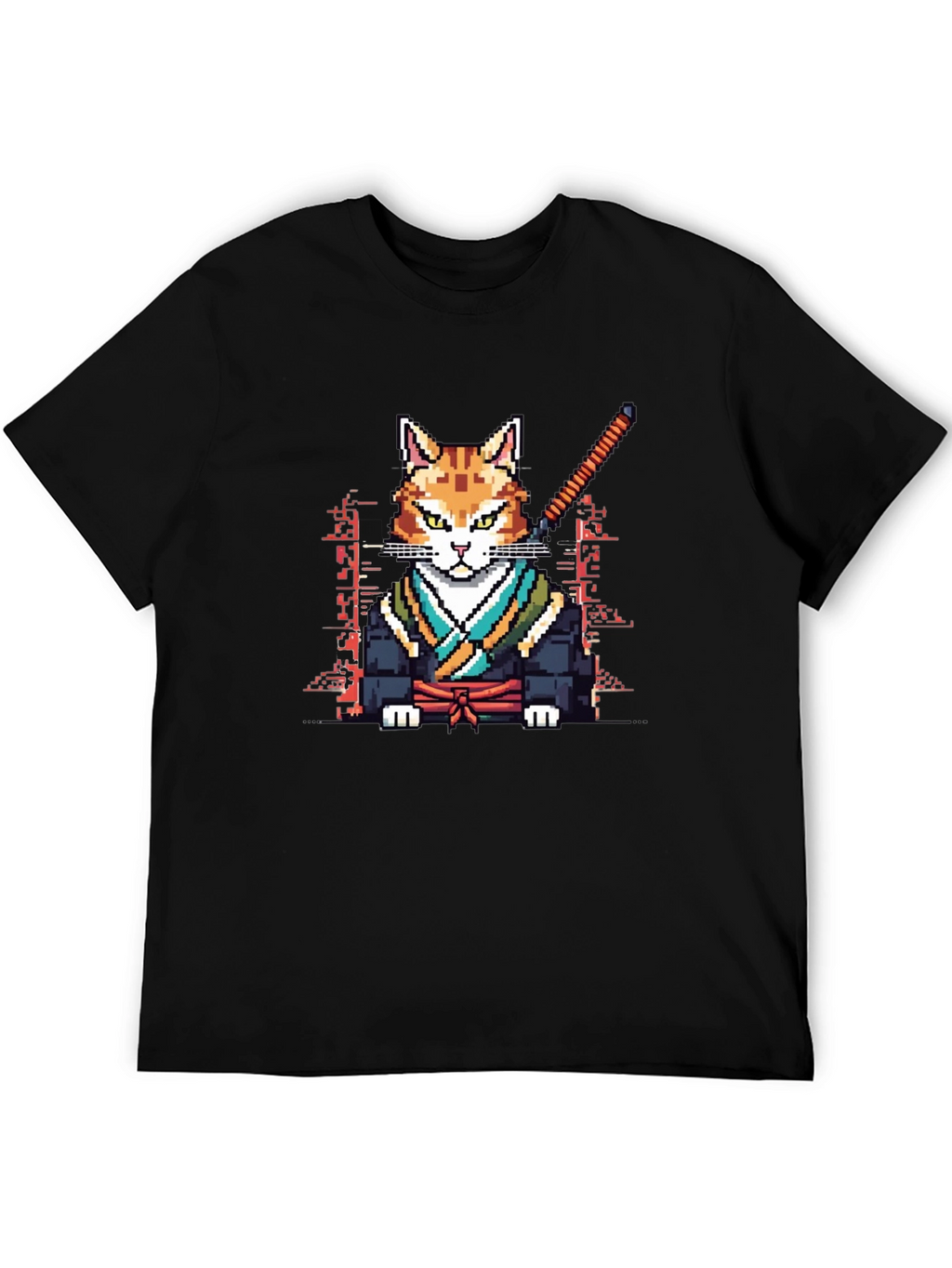 Pixelated Cat Samurai Black T-Shirt