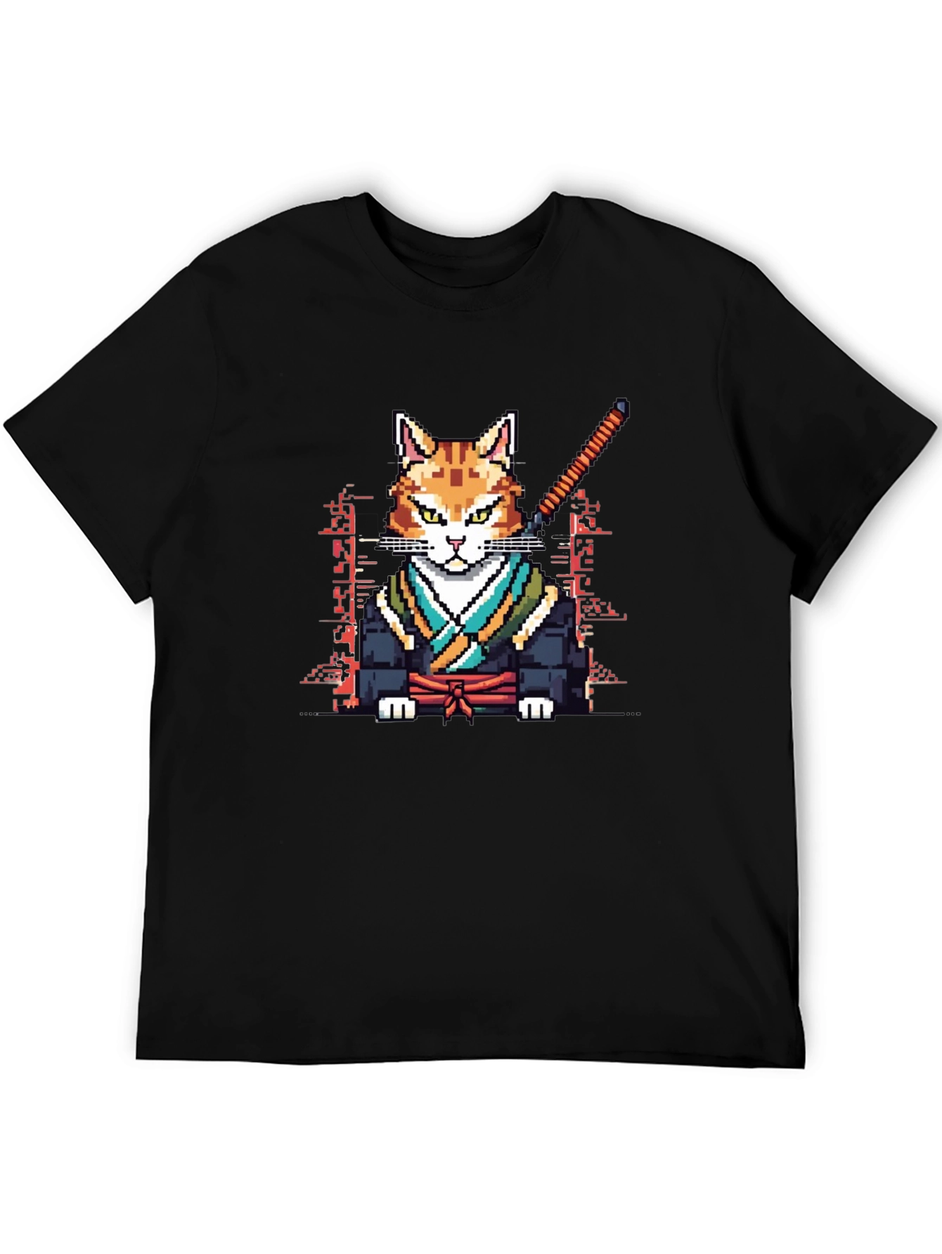 Pixelated Cat Samurai Black T-Shirt