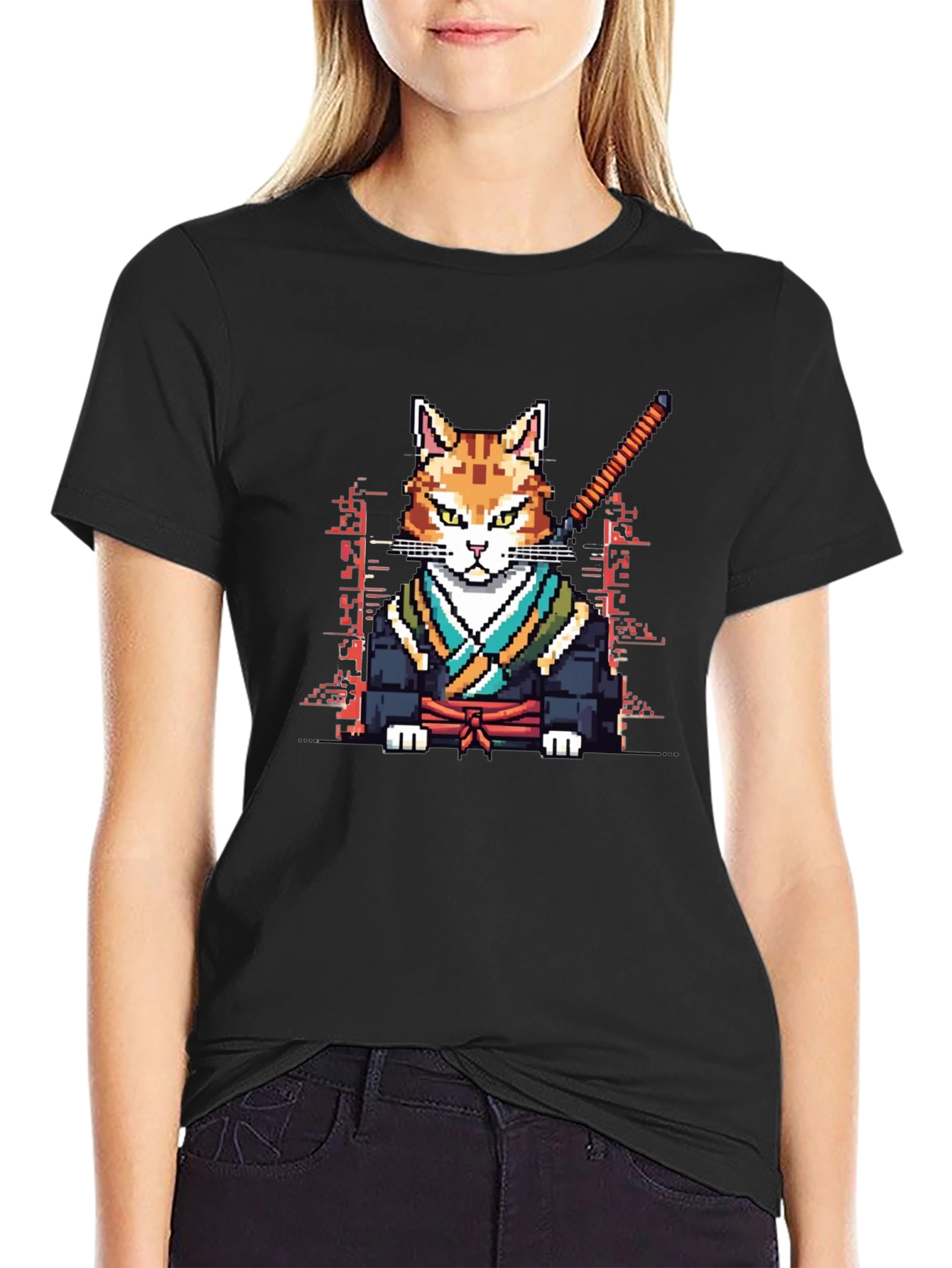Pixelated Cat Samurai Black T-Shirt