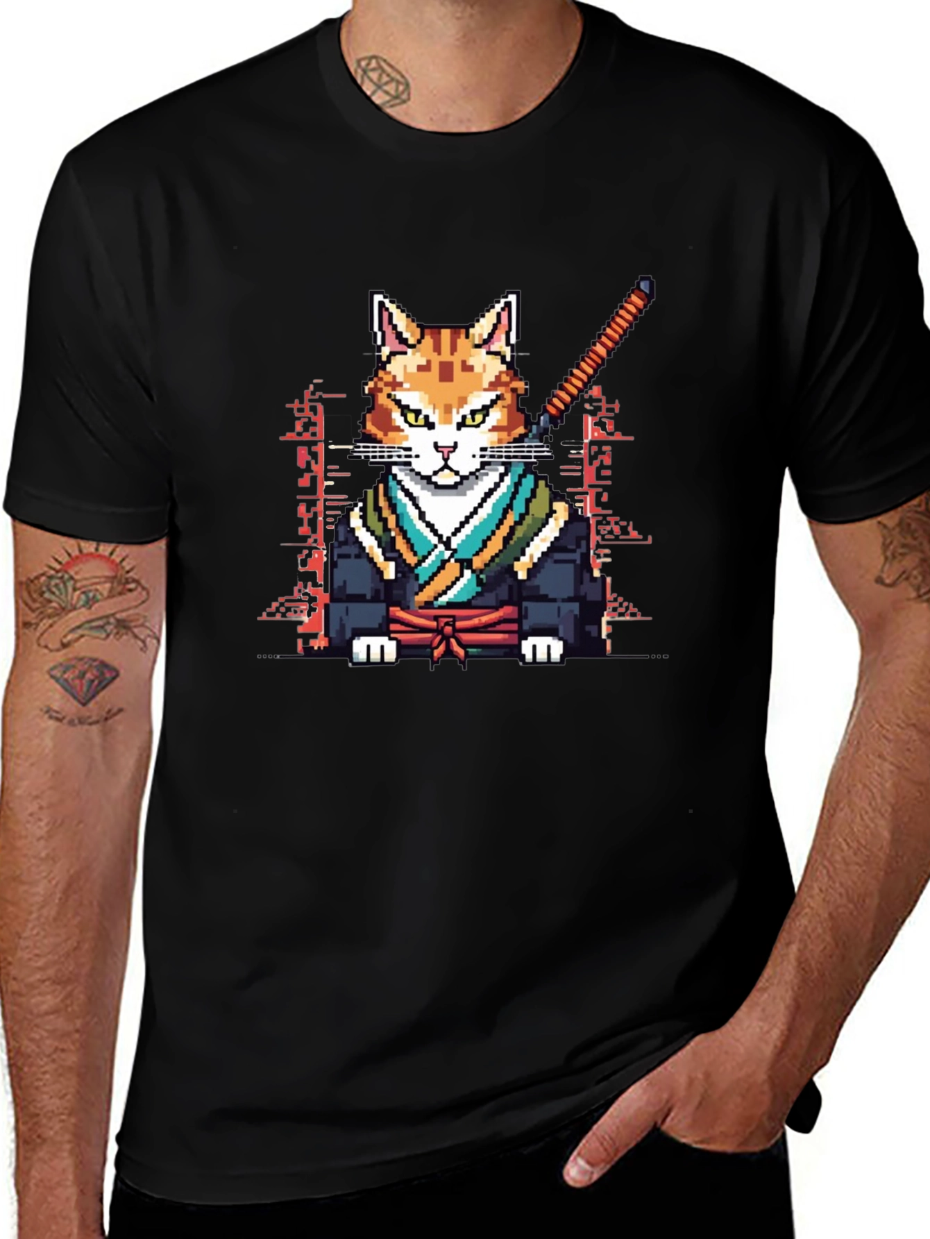 Pixelated Cat Samurai Black T-Shirt