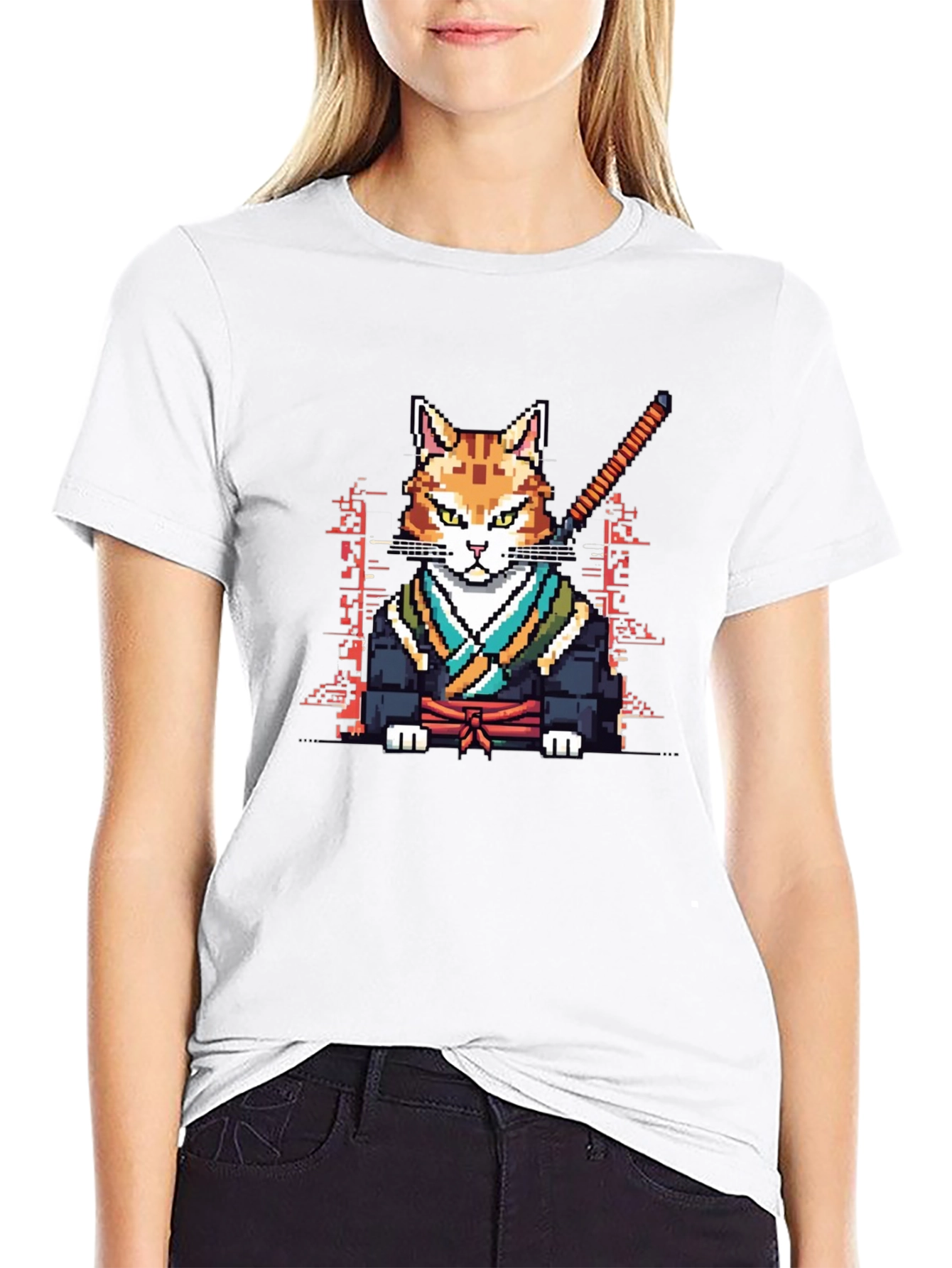 Pixelated Cat Samurai Black T-Shirt