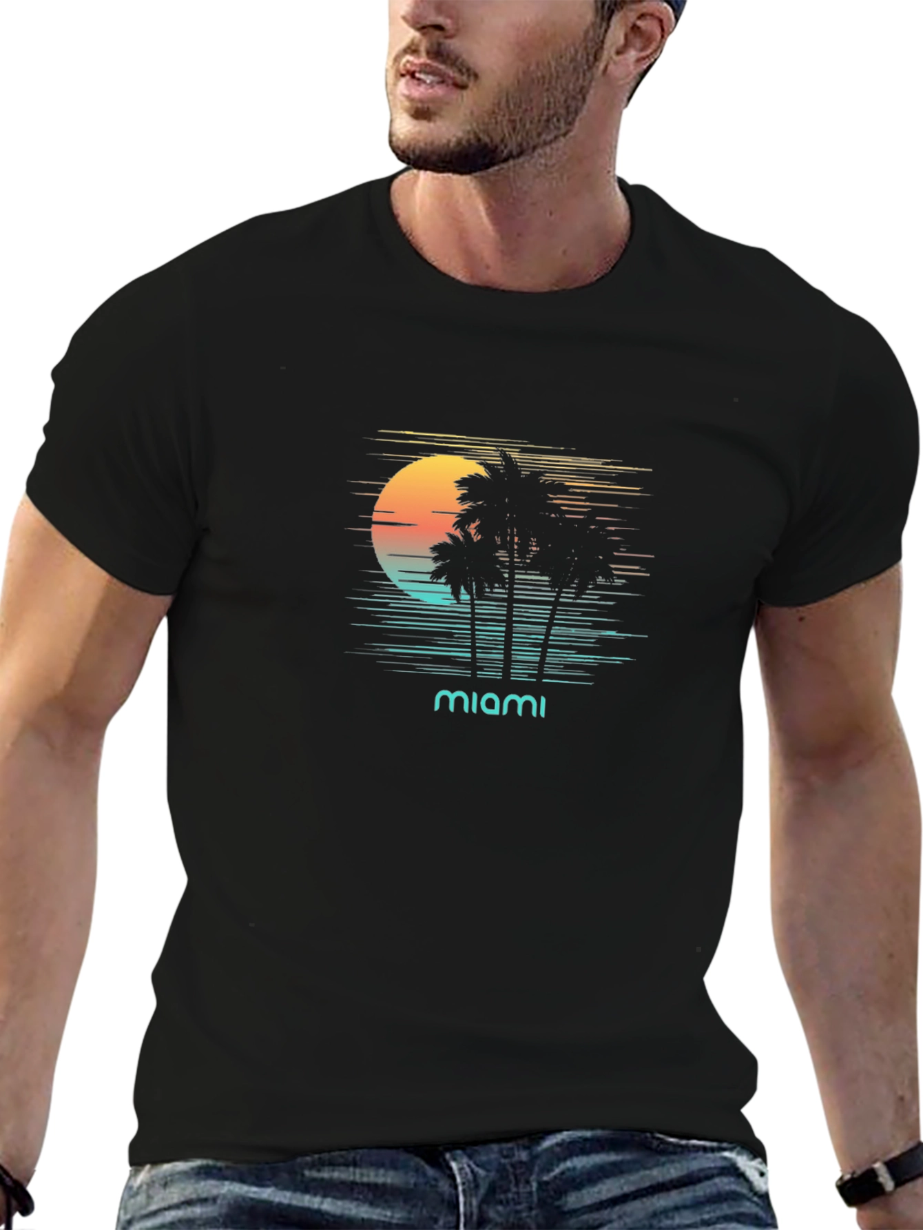 Miami Sunset Graphic T-Shirt - Retro Palm Tree Design