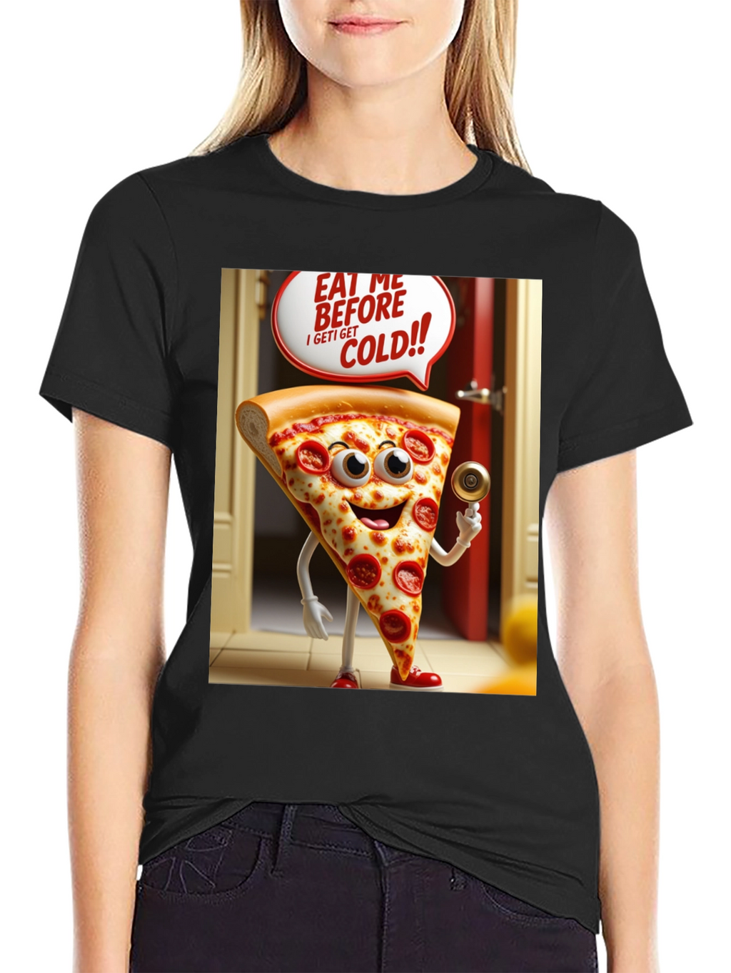 Pizza Slice Cartoon Black T-Shirt