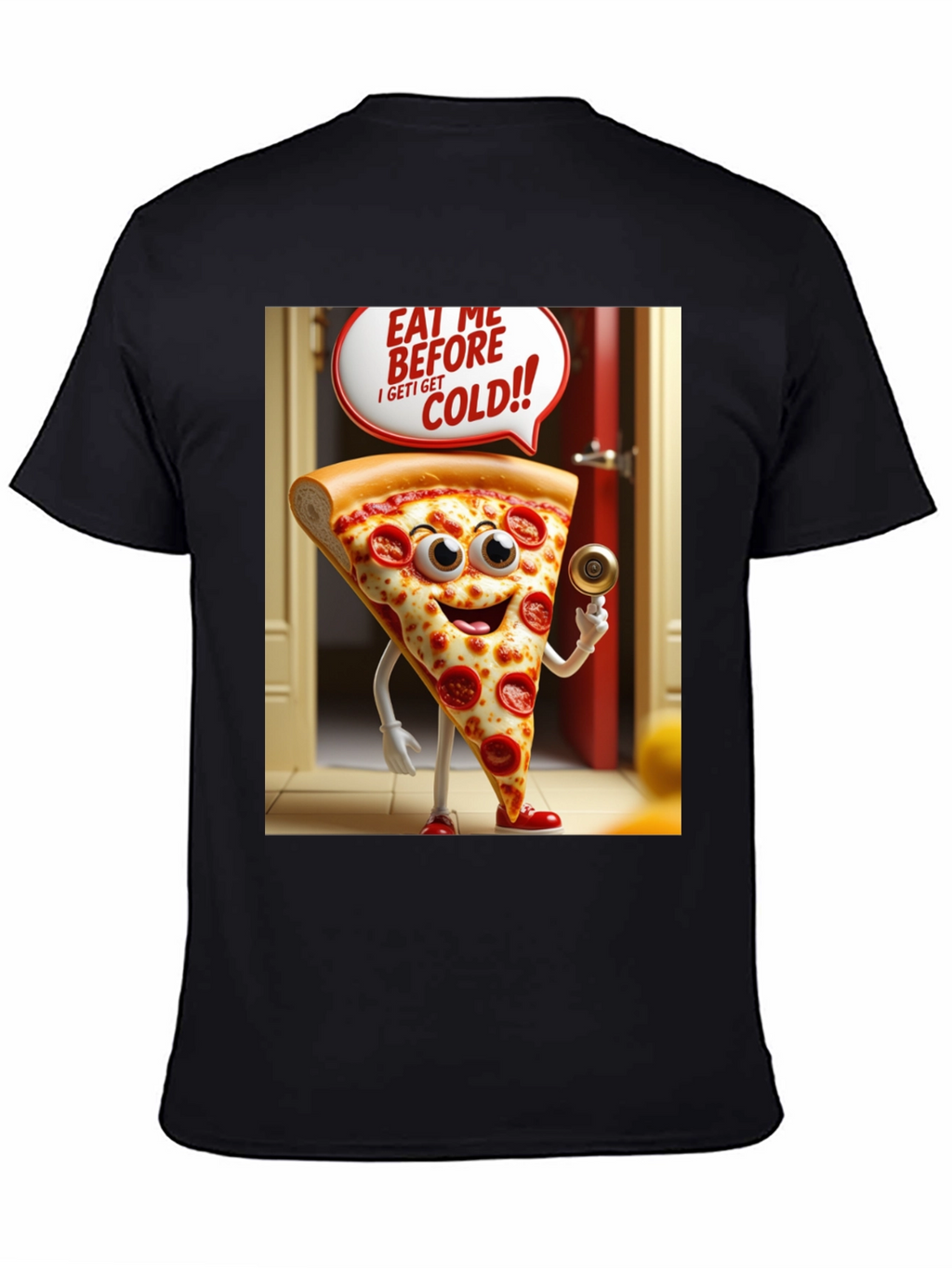 Pizza Slice Cartoon Black T-Shirt