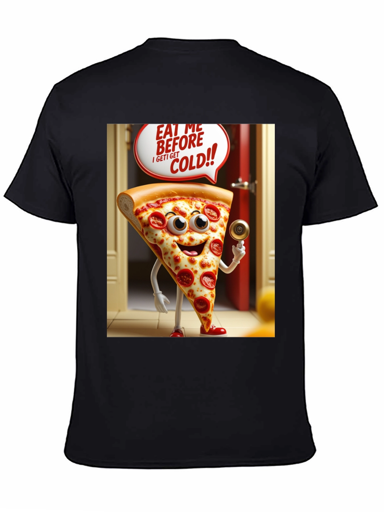 Pizza Slice Cartoon Black T-Shirt