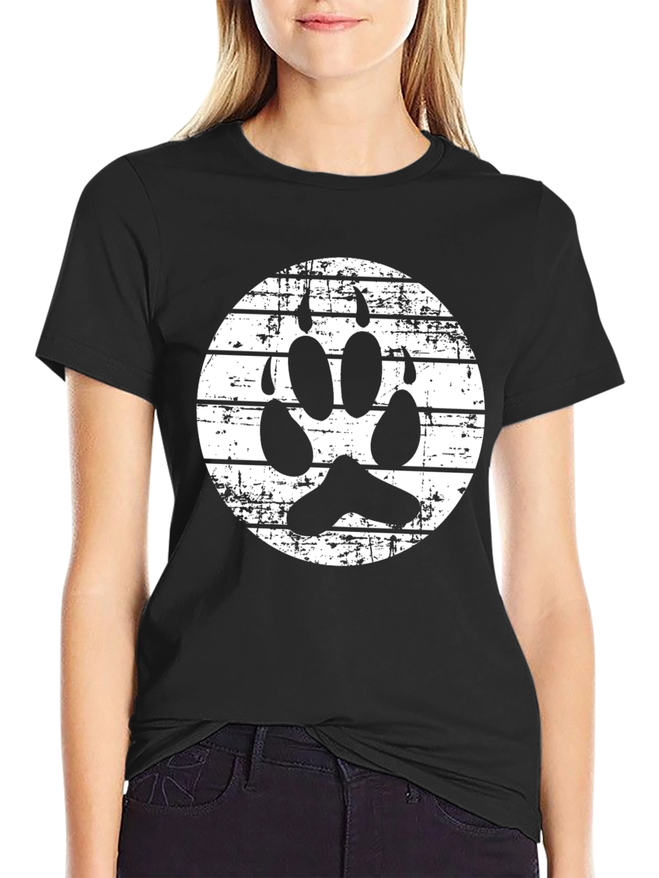 Grunge Paw Print Graphic Tee - Black