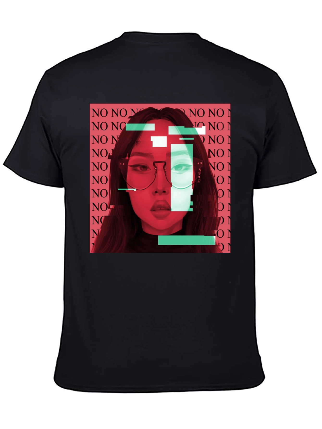 Glitch Art Woman Graphic Print Black T-Shirt