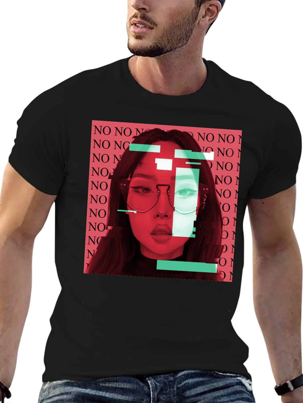 Glitch Art Woman Graphic Print Black T-Shirt