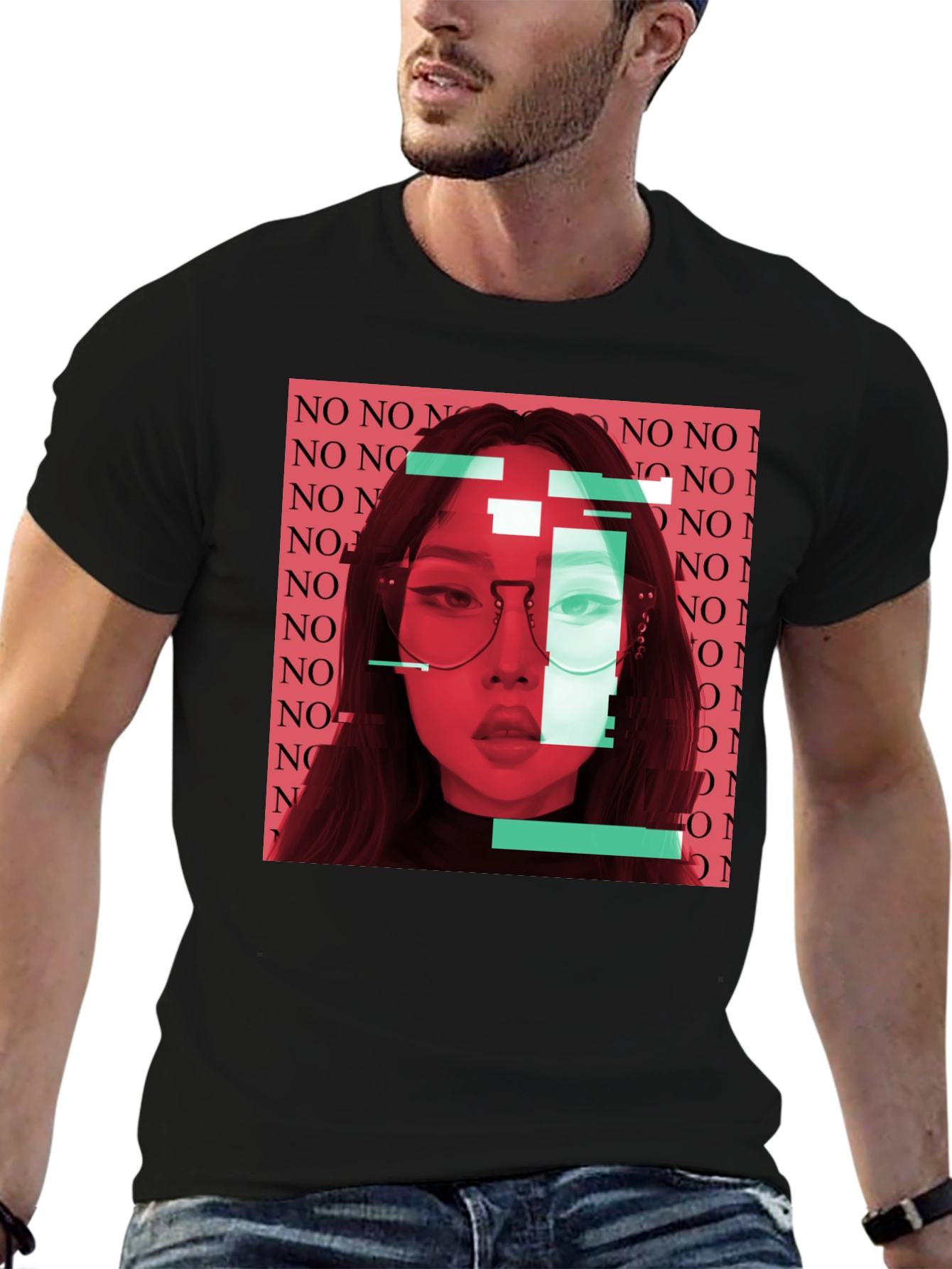 Glitch Art Woman Graphic Print Black T-Shirt