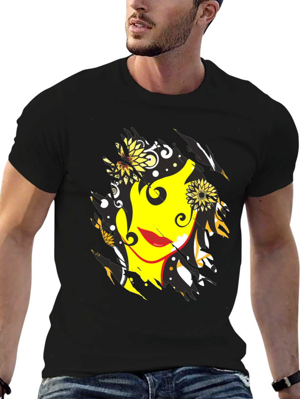 Abstract Floral Face Graphic Mens Black T-Shirt