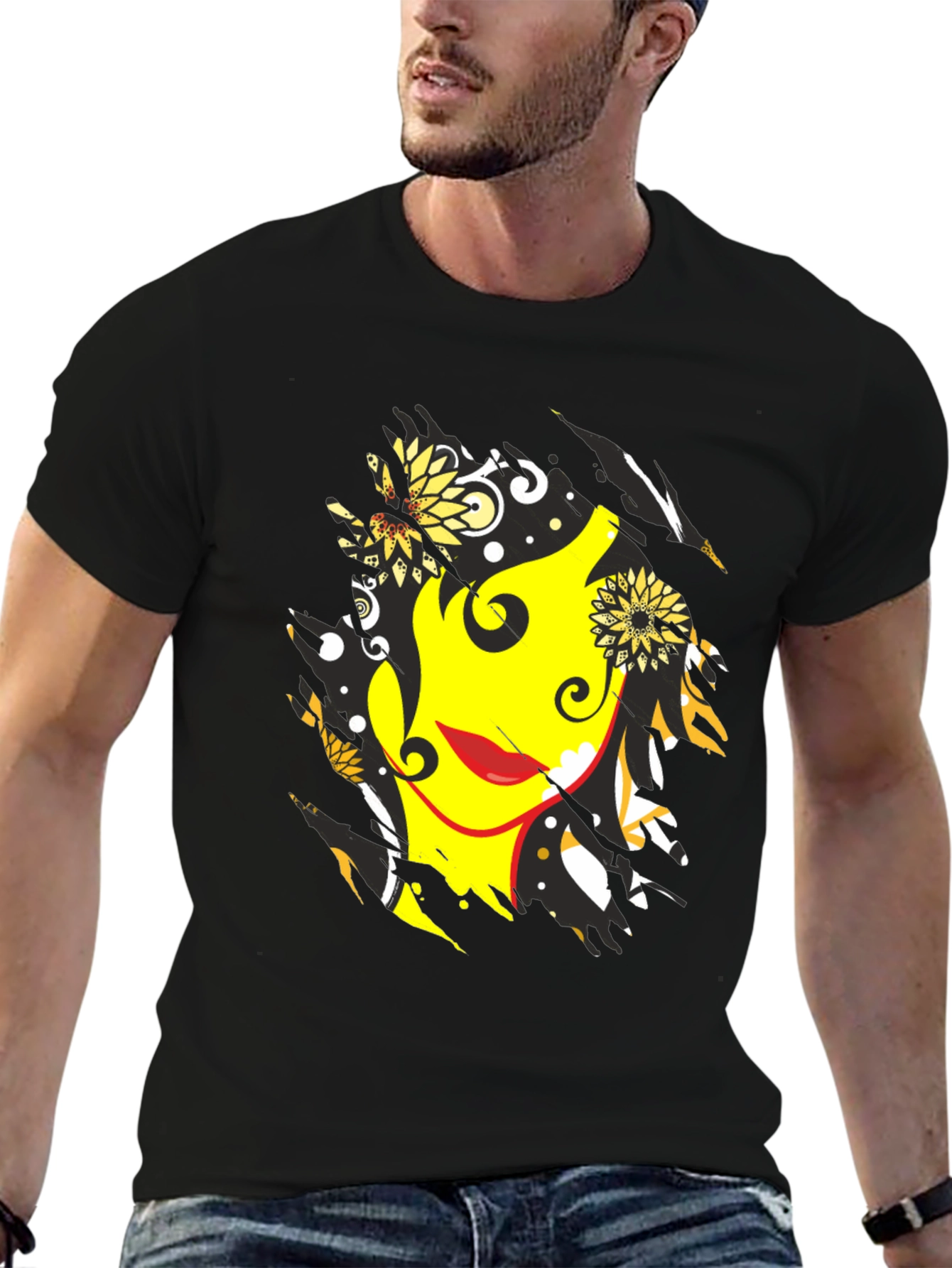 Abstract Floral Face Graphic Mens Black T-Shirt