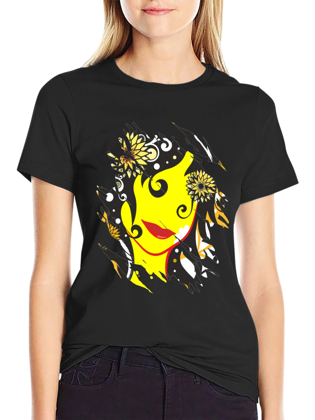 Abstract Floral Face Graphic Mens Black T-Shirt