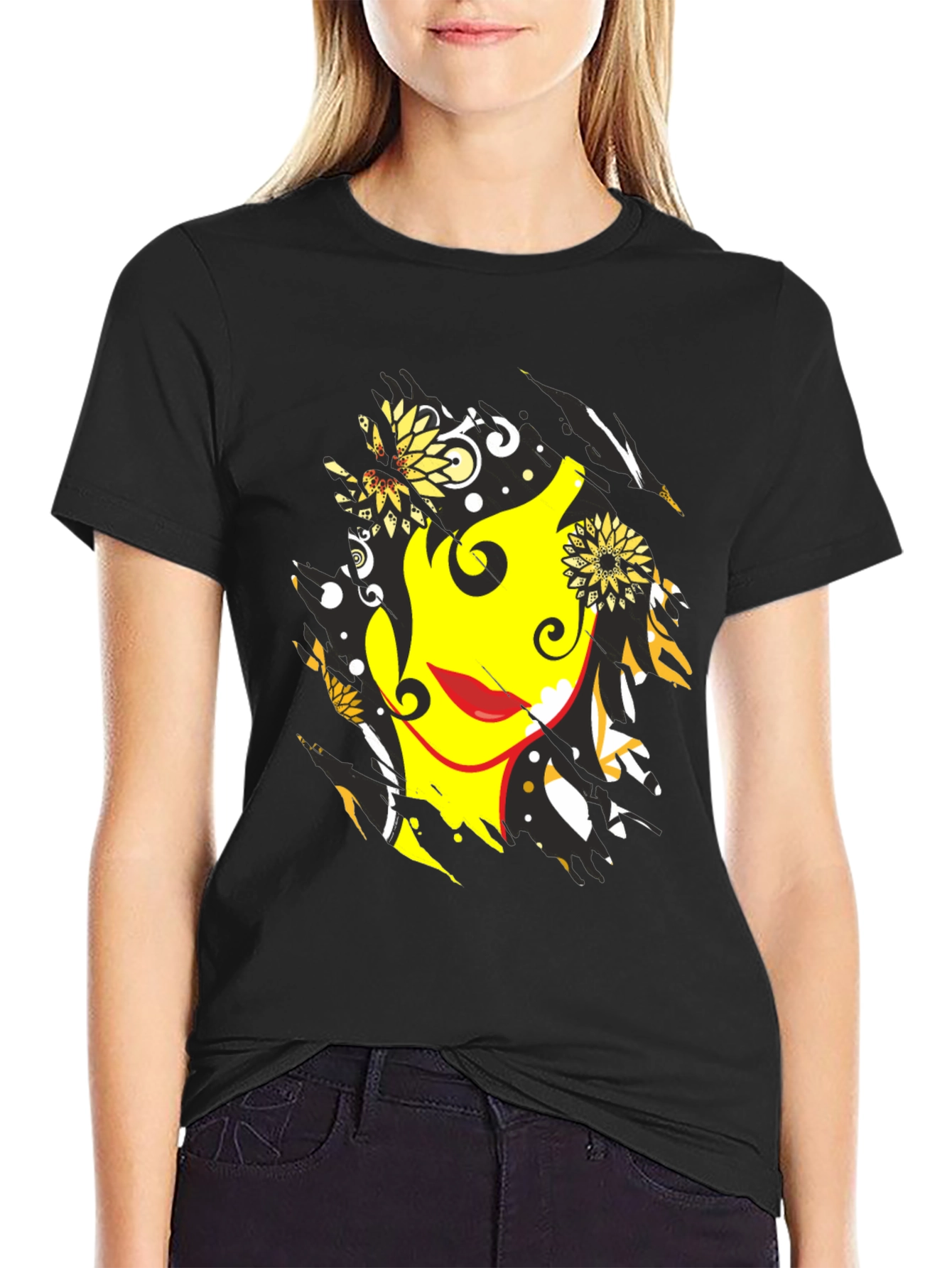 Abstract Floral Face Graphic Mens Black T-Shirt
