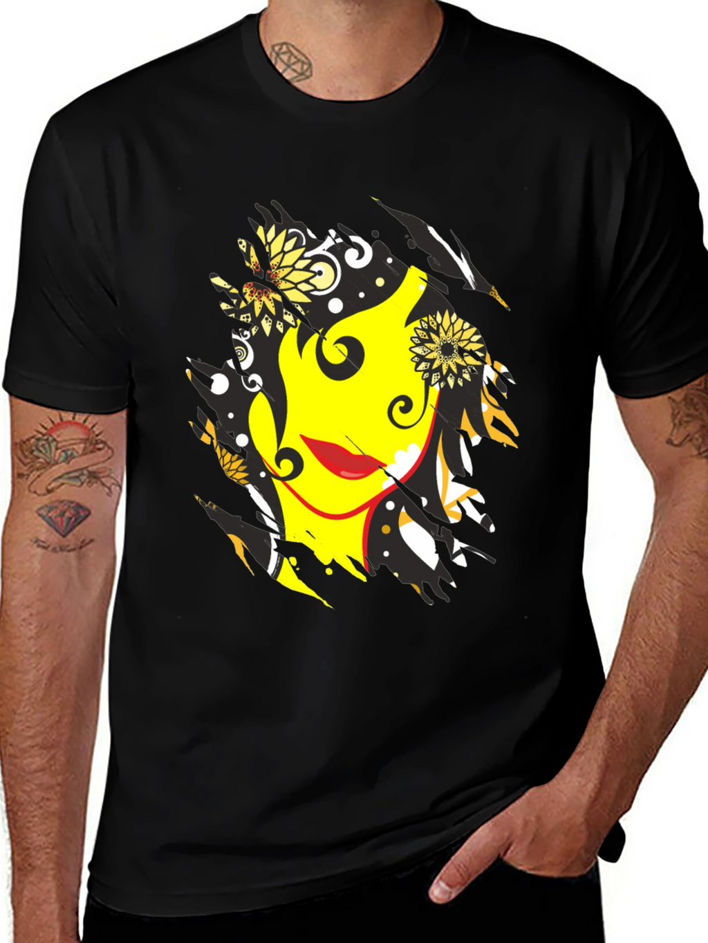 Abstract Floral Face Graphic Mens Black T-Shirt