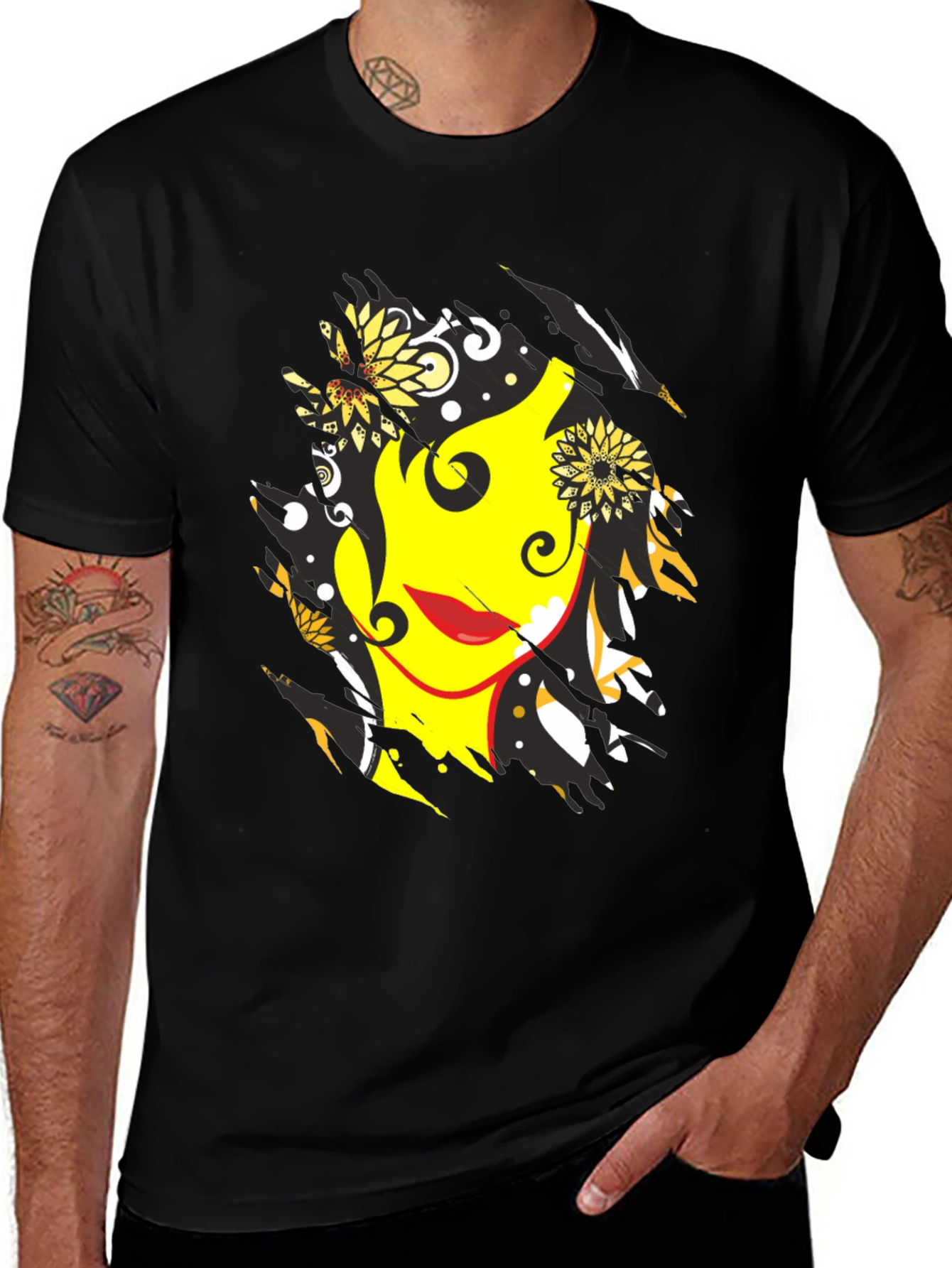 Abstract Floral Face Graphic Mens Black T-Shirt