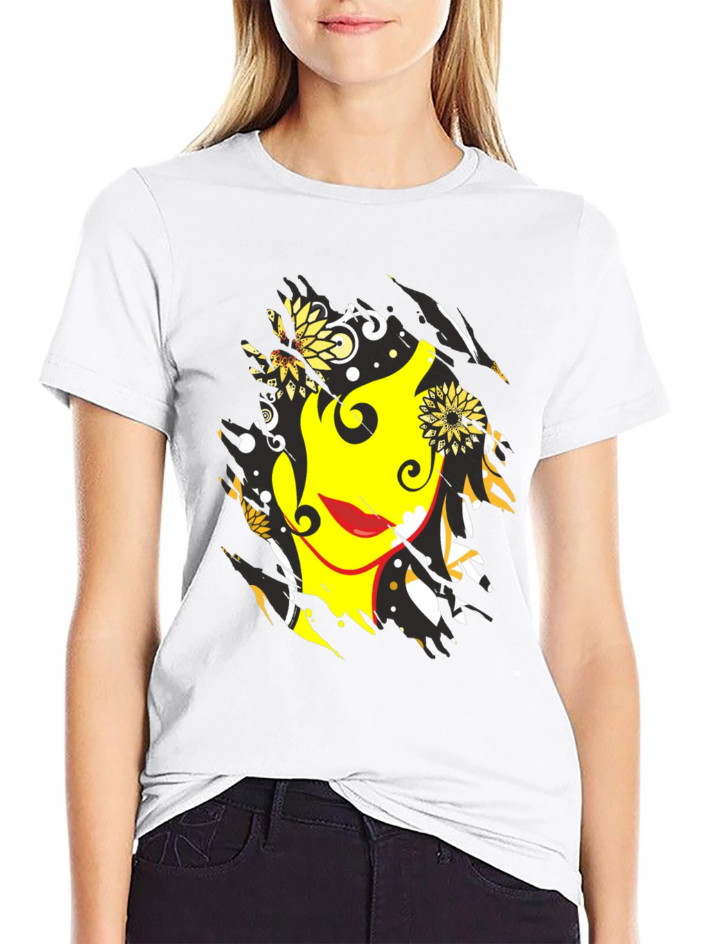 Abstract Floral Face Graphic Mens Black T-Shirt