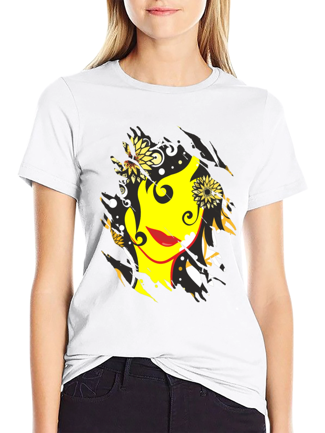 Abstract Floral Face Graphic Mens Black T-Shirt