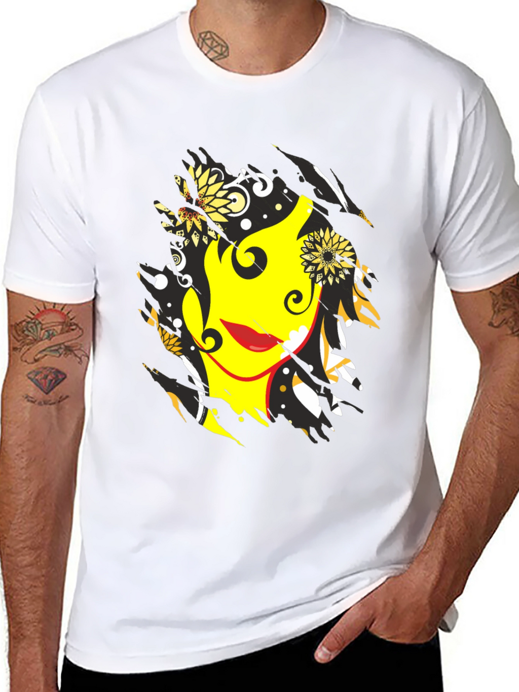 Abstract Floral Face Graphic Mens Black T-Shirt