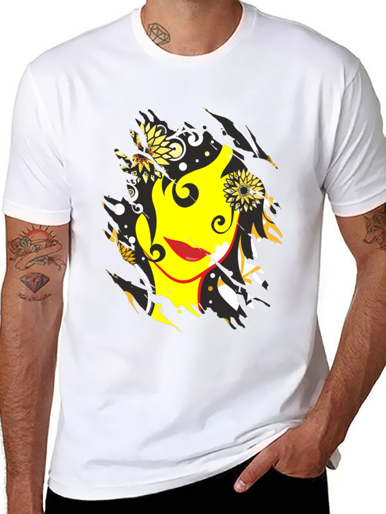 Abstract Floral Face Graphic Mens Black T-Shirt