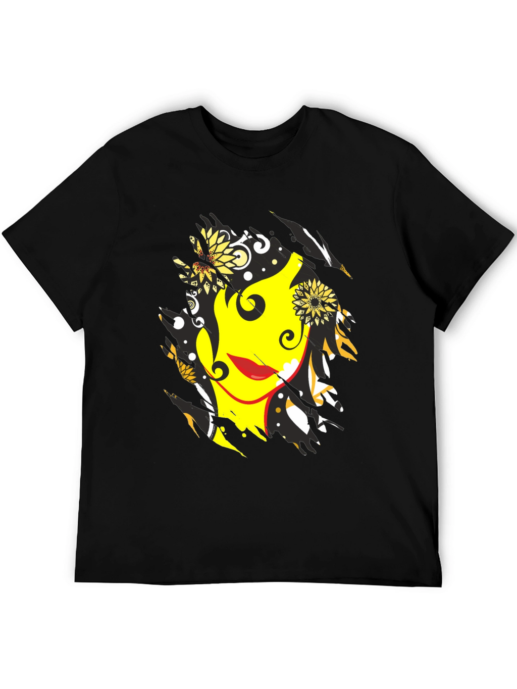 Abstract Floral Face Graphic Mens Black T-Shirt