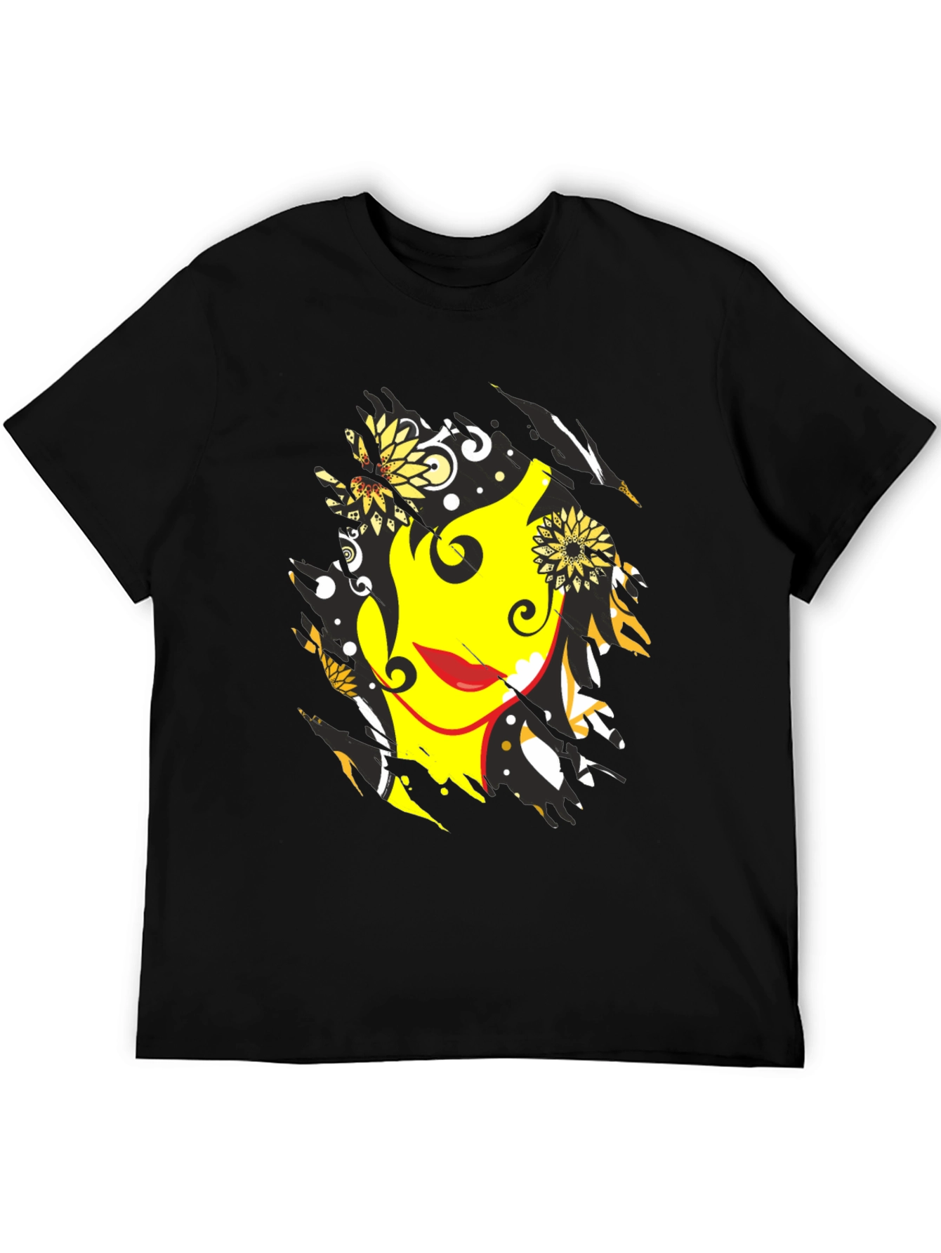 Abstract Floral Face Graphic Mens Black T-Shirt
