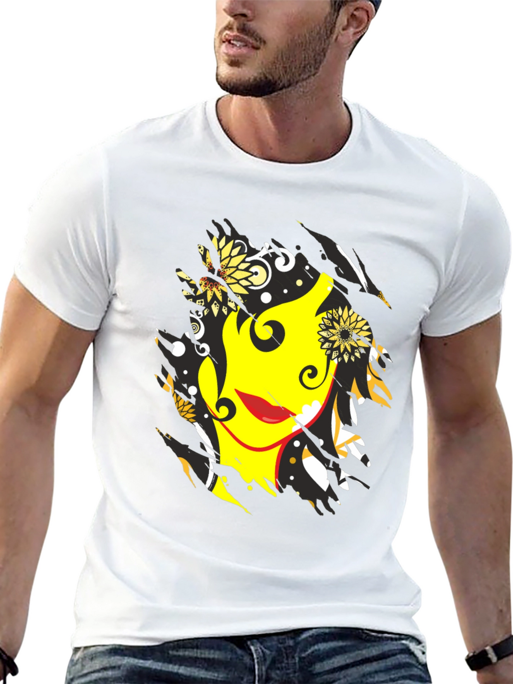 Abstract Floral Face Graphic Mens Black T-Shirt