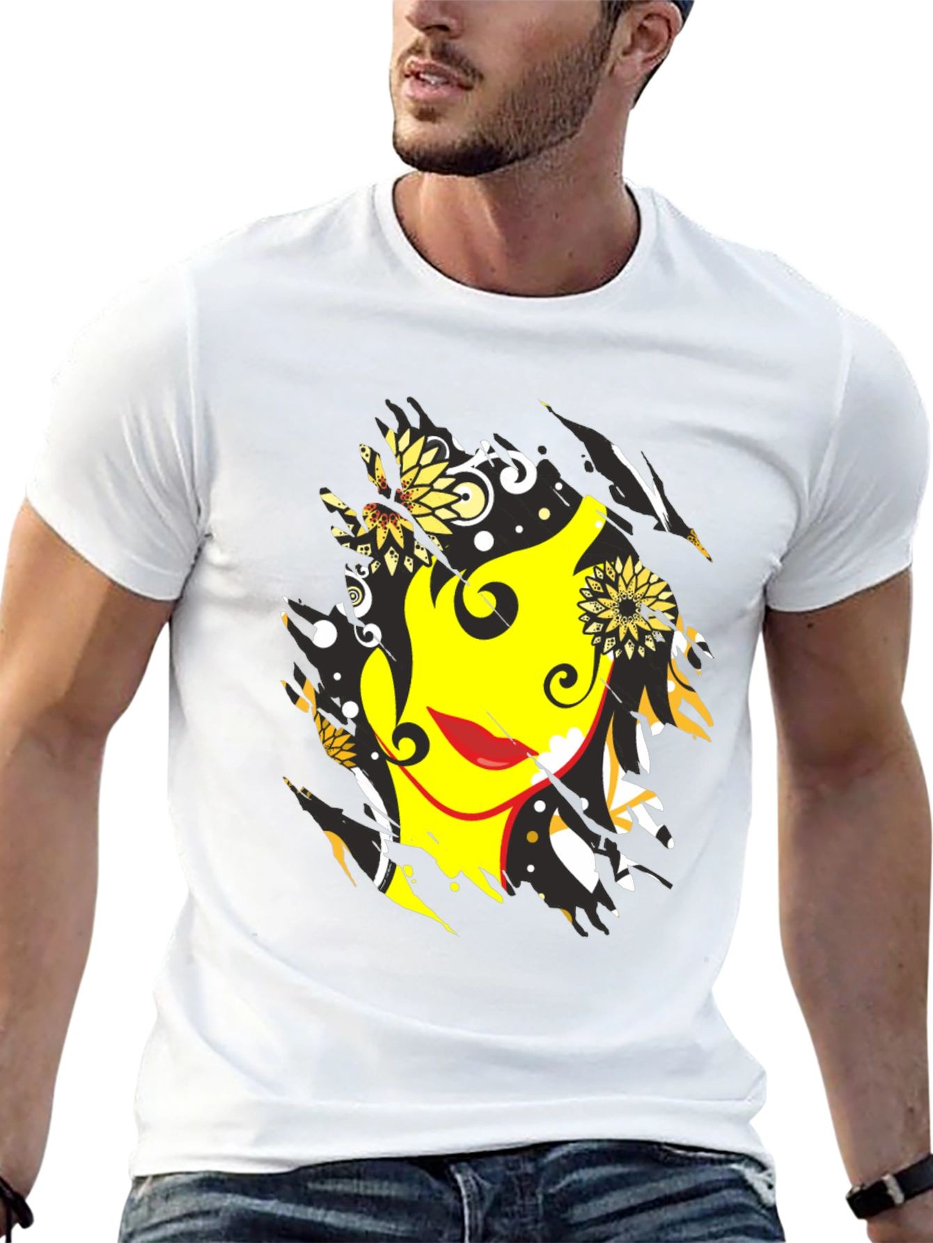Abstract Floral Face Graphic Mens Black T-Shirt