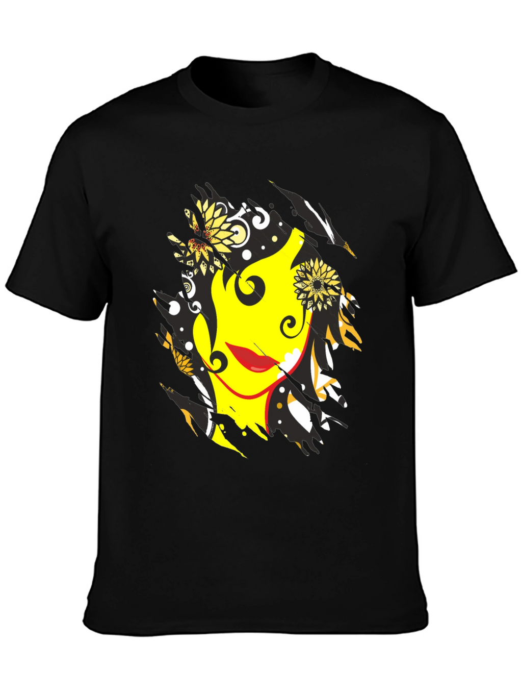 Abstract Floral Face Graphic Mens Black T-Shirt