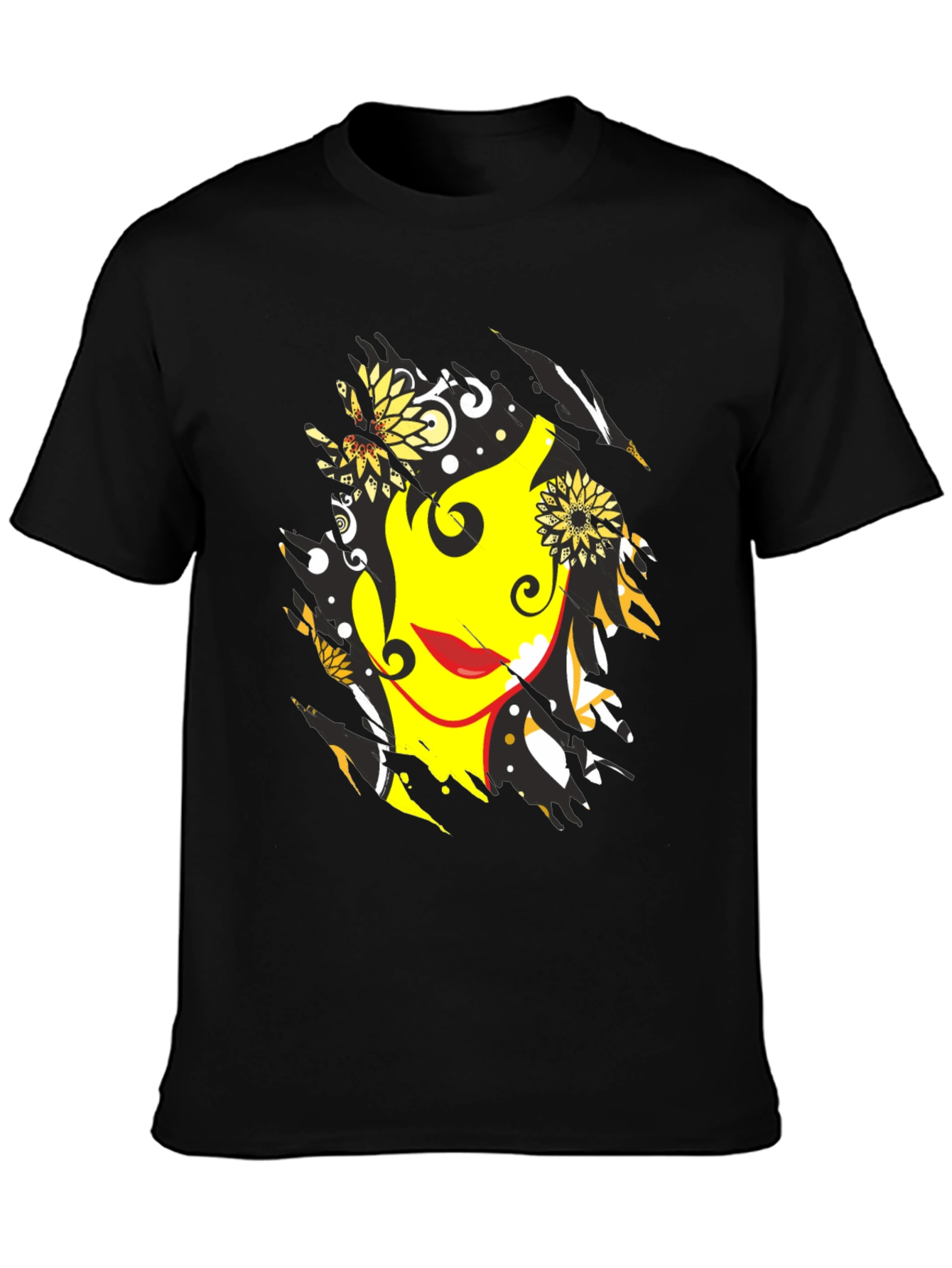 Abstract Floral Face Graphic Mens Black T-Shirt
