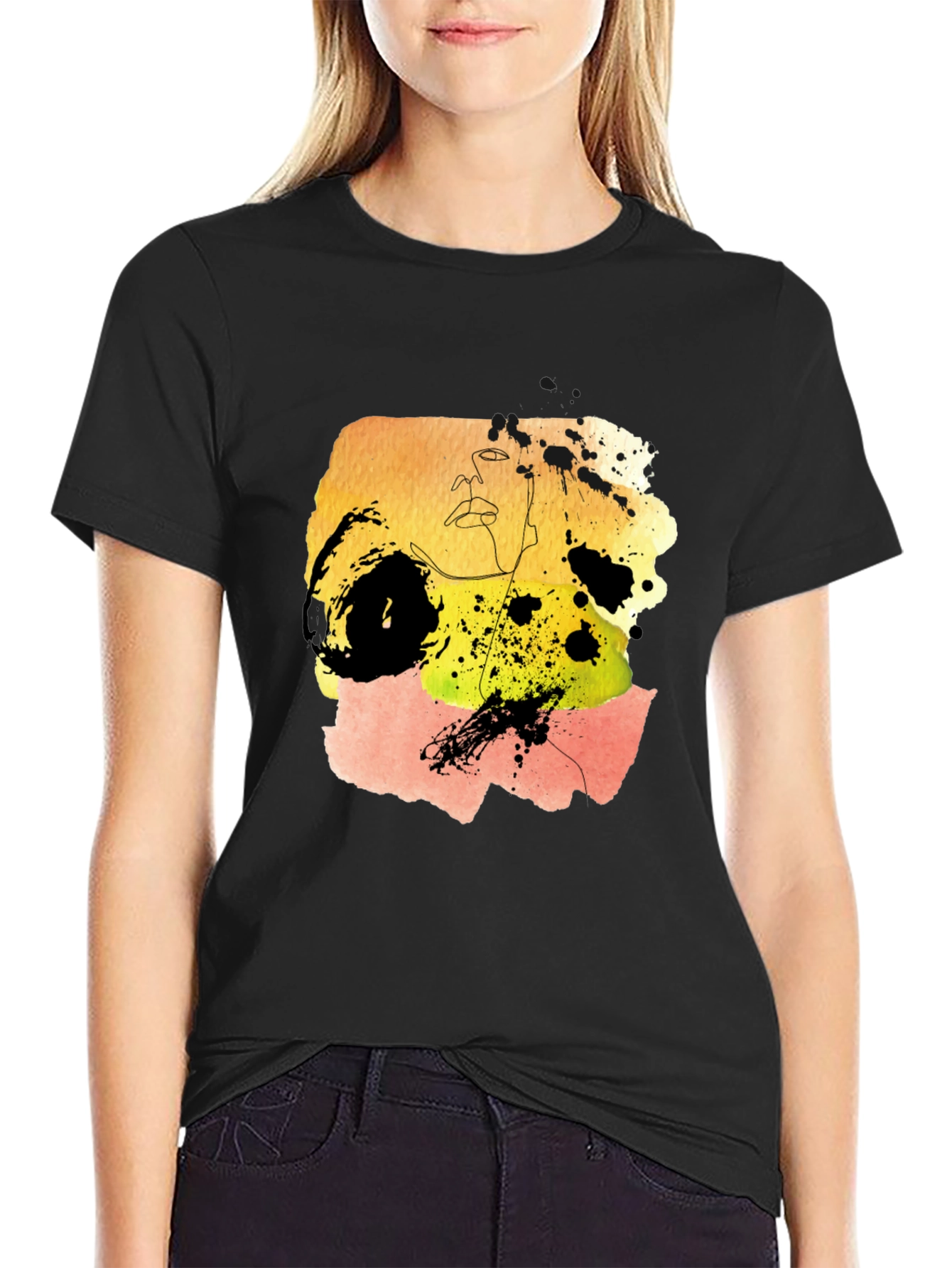 Abstract Watercolor Art Graphic Tee - Black Cotton