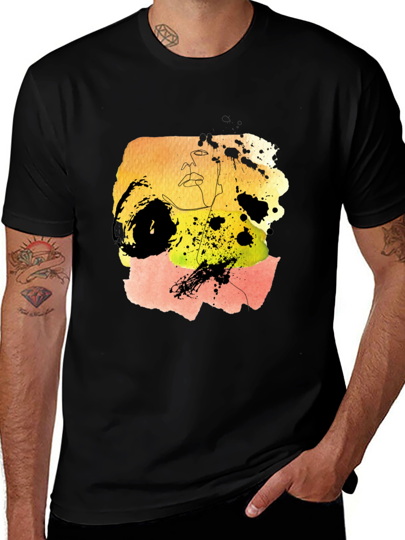 Abstract Watercolor Art Graphic Tee - Black Cotton