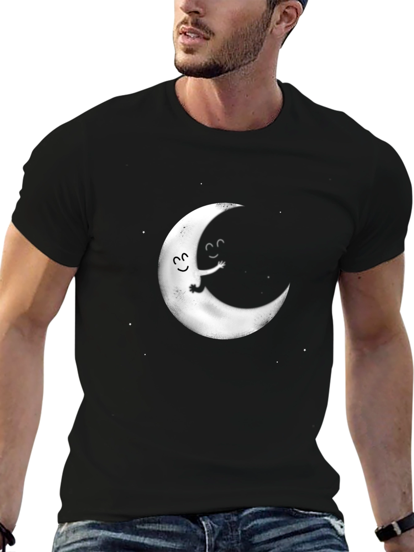 Cute Moon Graphic Tee - Black Cotton T-Shirt