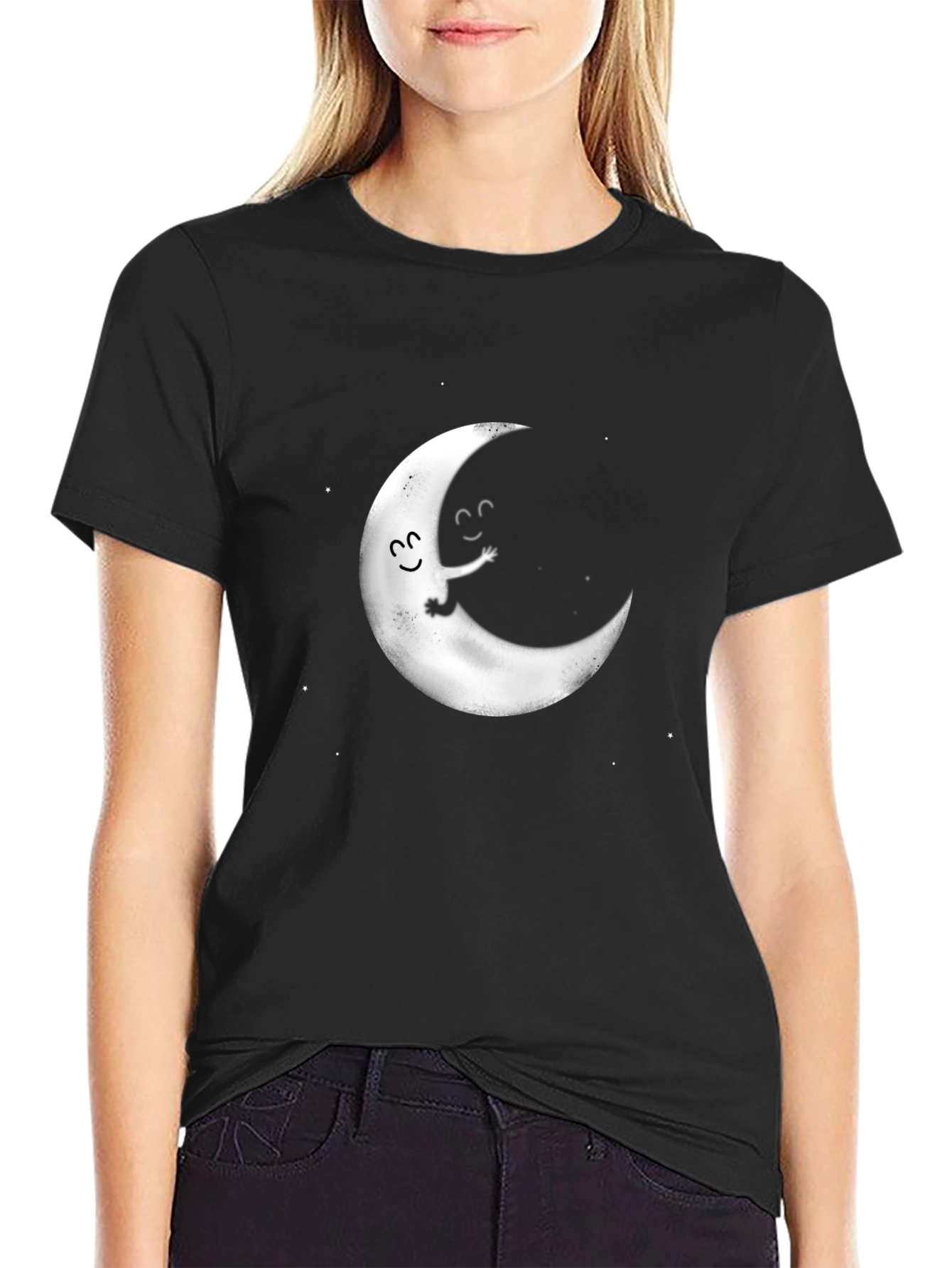 Cute Moon Graphic Tee - Black Cotton T-Shirt