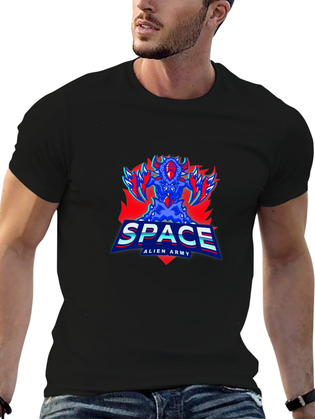 Space Alien Army Graphic Tee - Mens Black T-Shirt