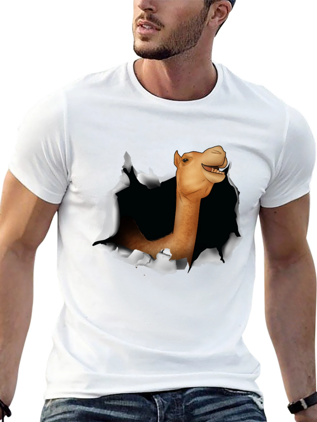 Camel Head Ripping Through Black T-Shirt