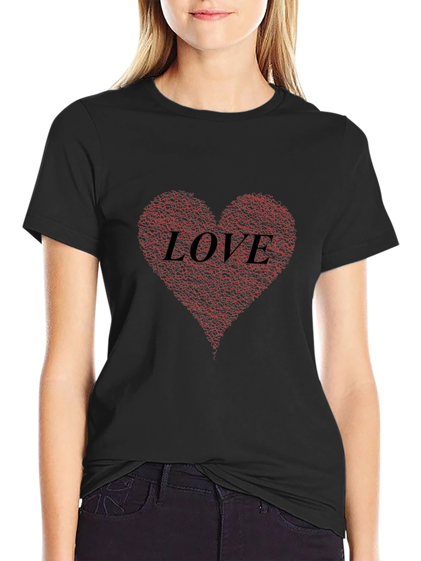 Love Heart Print Black T-Shirt