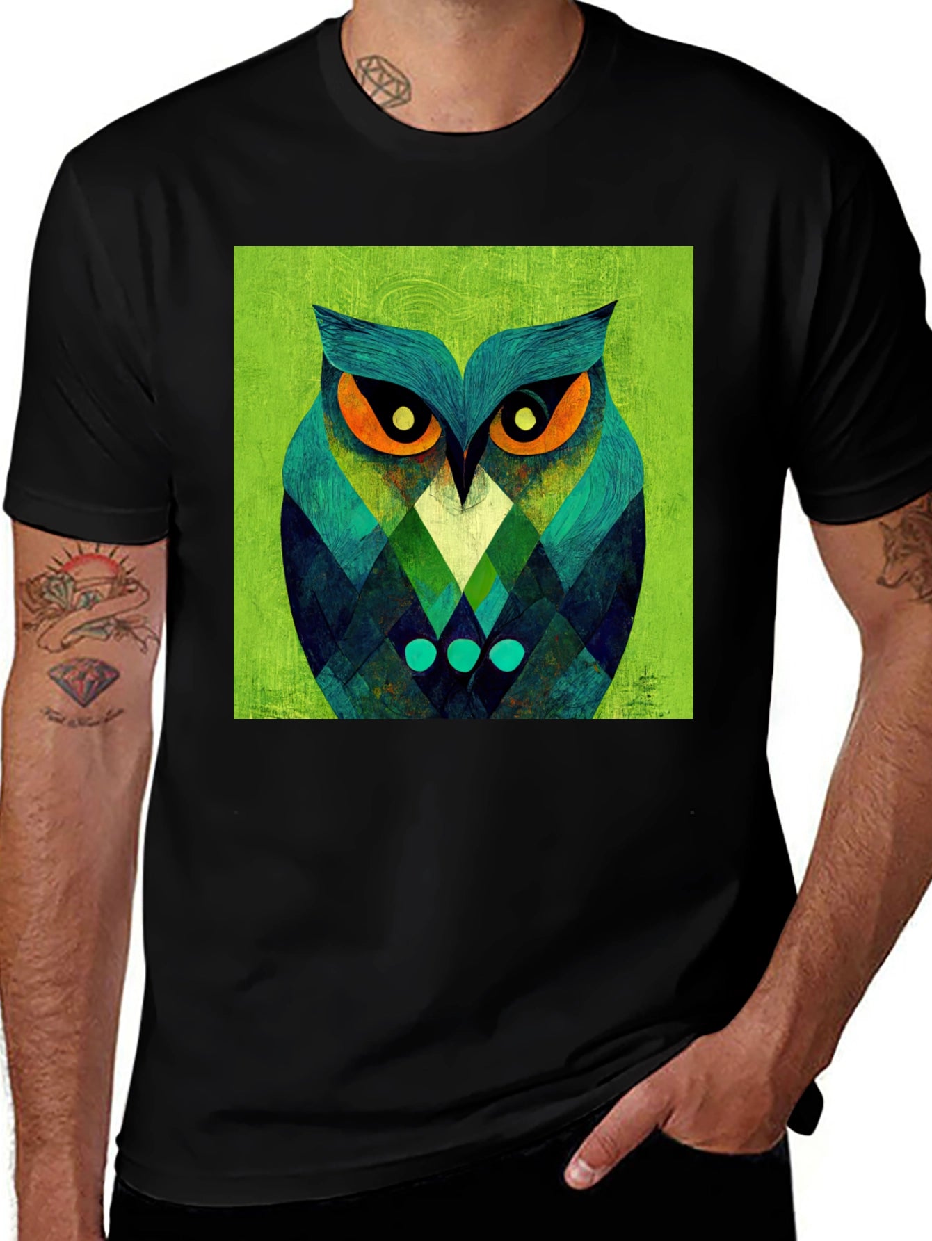 Geometric Owl Graphic Tee - Black Cotton Blend
